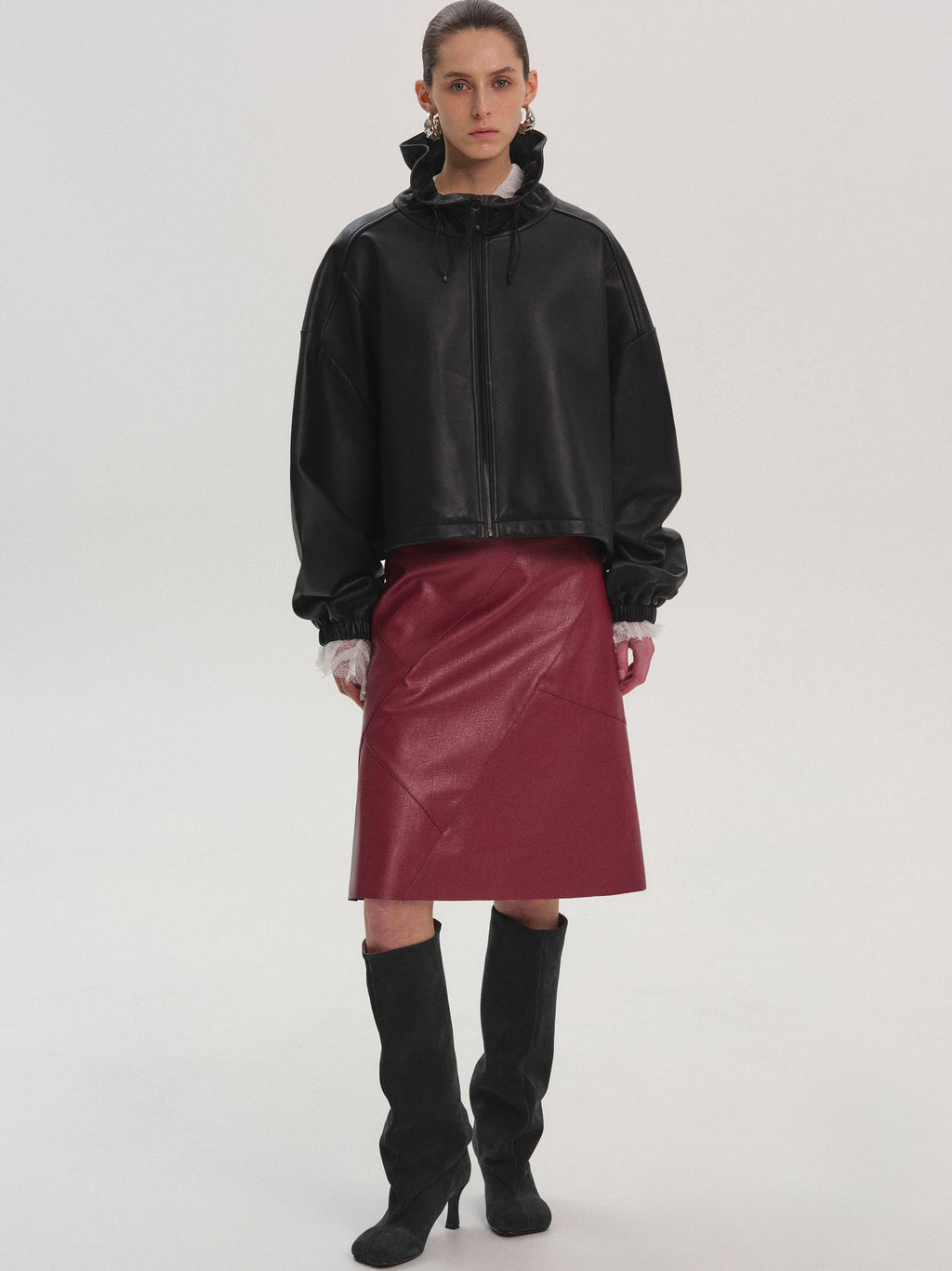 Drawstring Neck Leather Jacket, Black