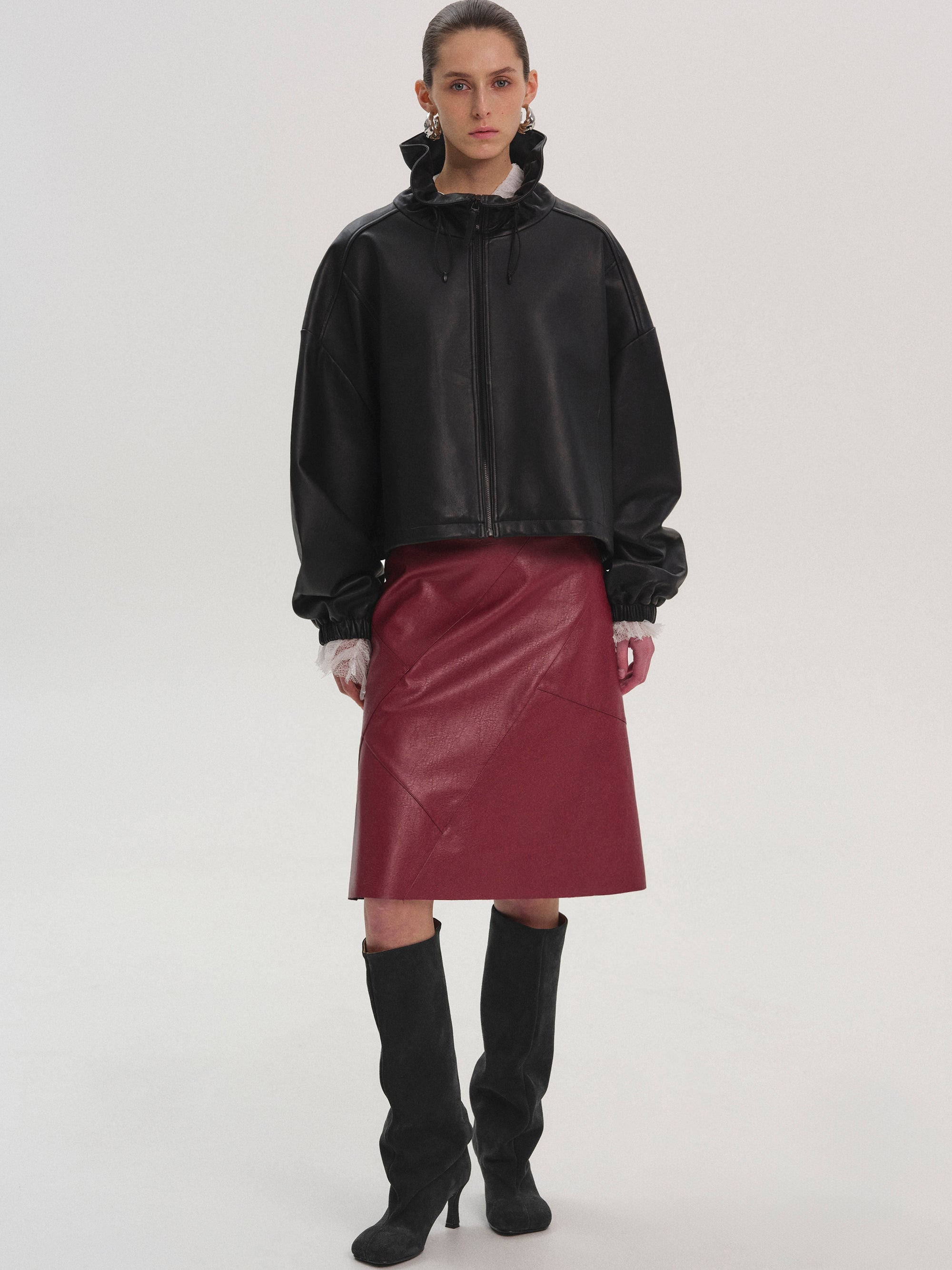 Drawstring Neck Leather Jacket, Black