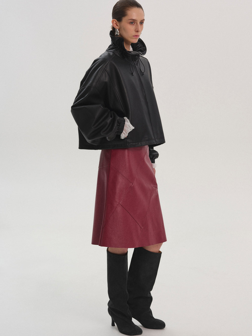 Drawstring Neck Leather Jacket, Black