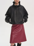 Drawstring Neck Leather Jacket, Black
