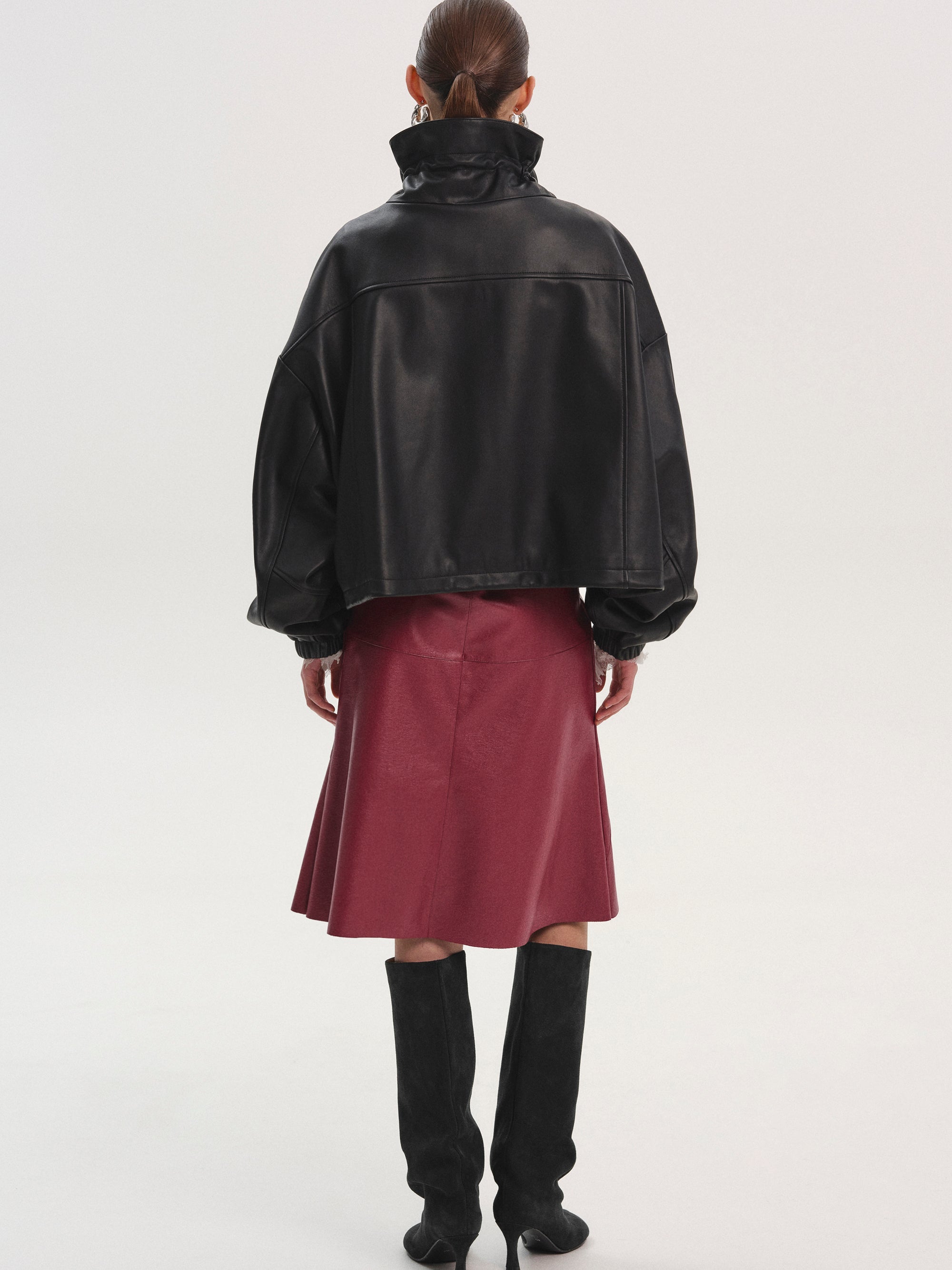 Drawstring Neck Leather Jacket, Black