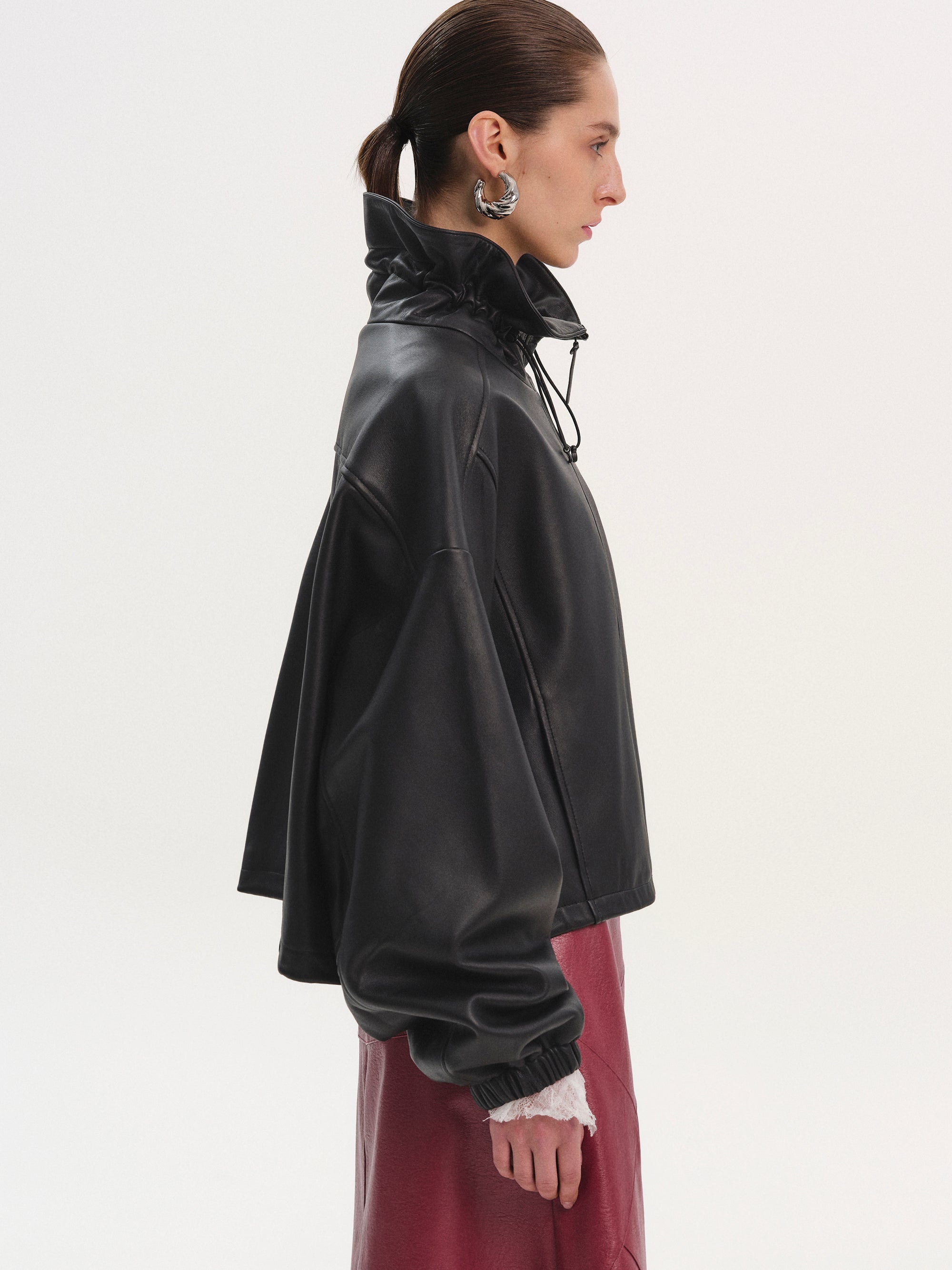 Drawstring Neck Leather Jacket, Black