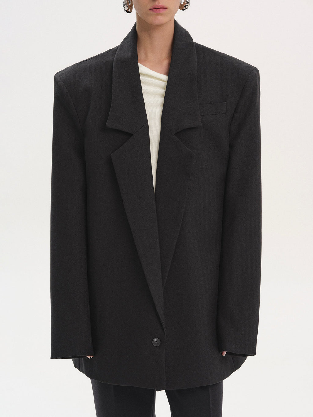 Long Notched Lapel Blazer, Black Striped