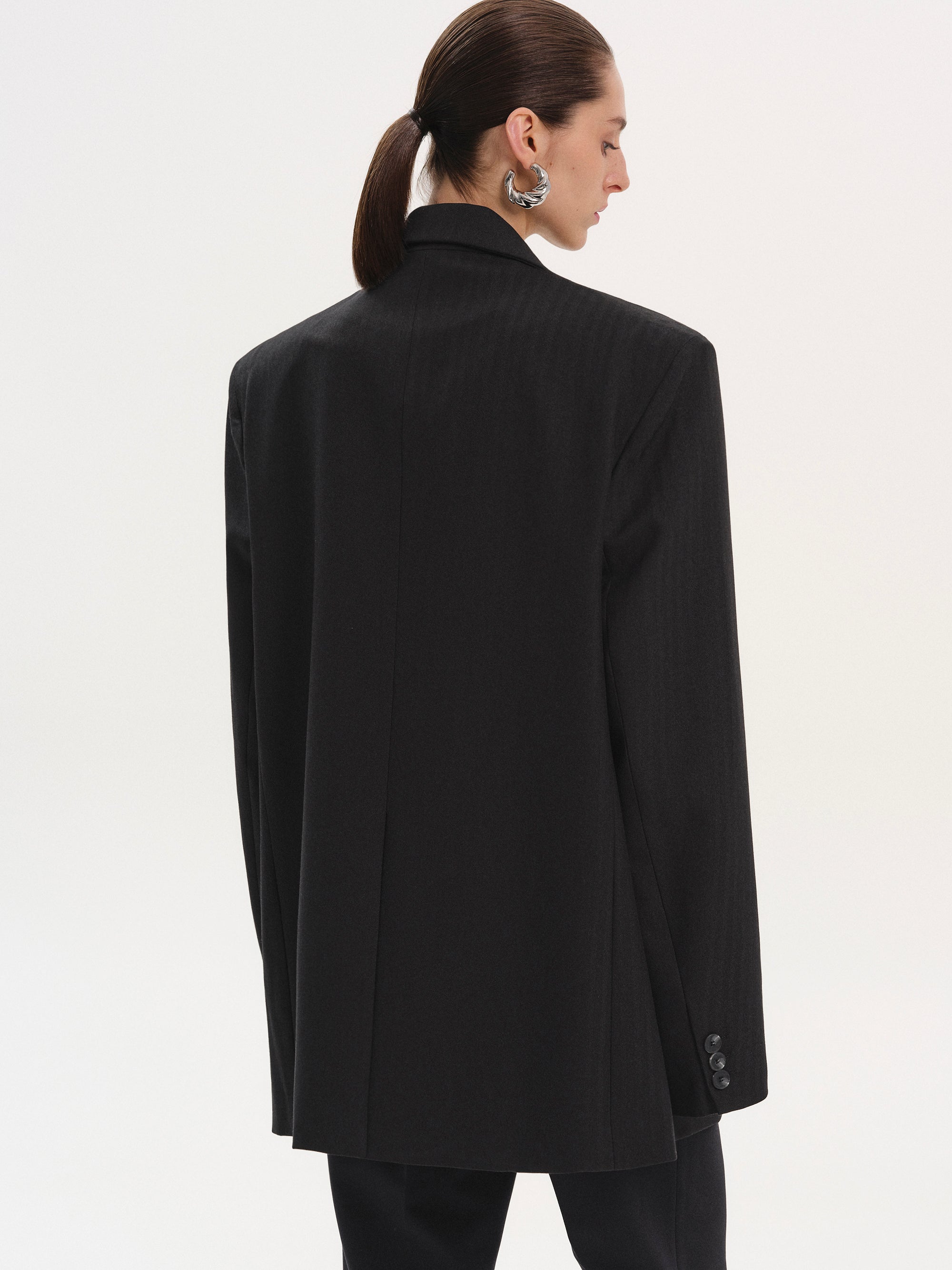 Long Notched Lapel Blazer, Black Striped