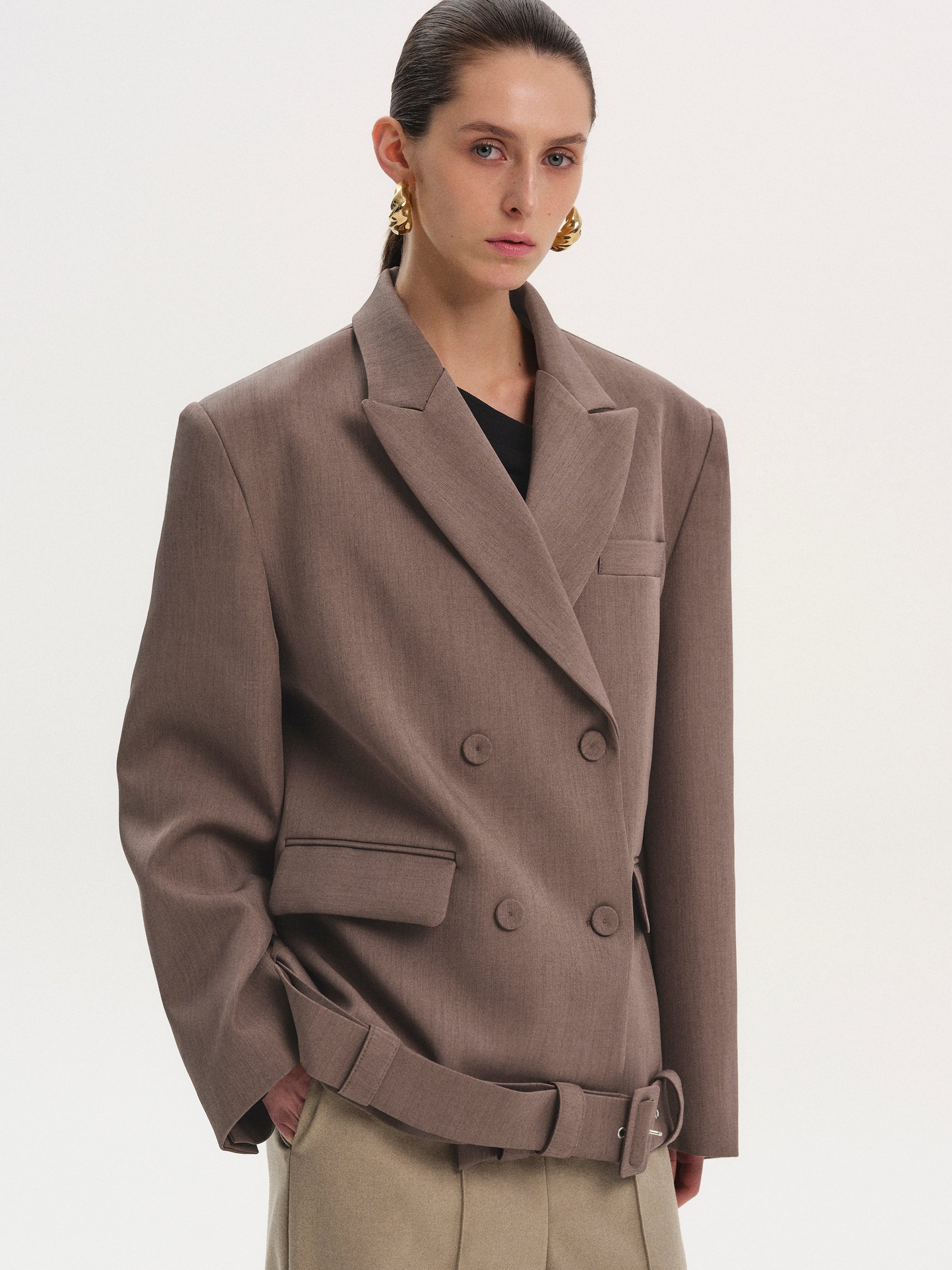 Belted Double Blazer, Plum