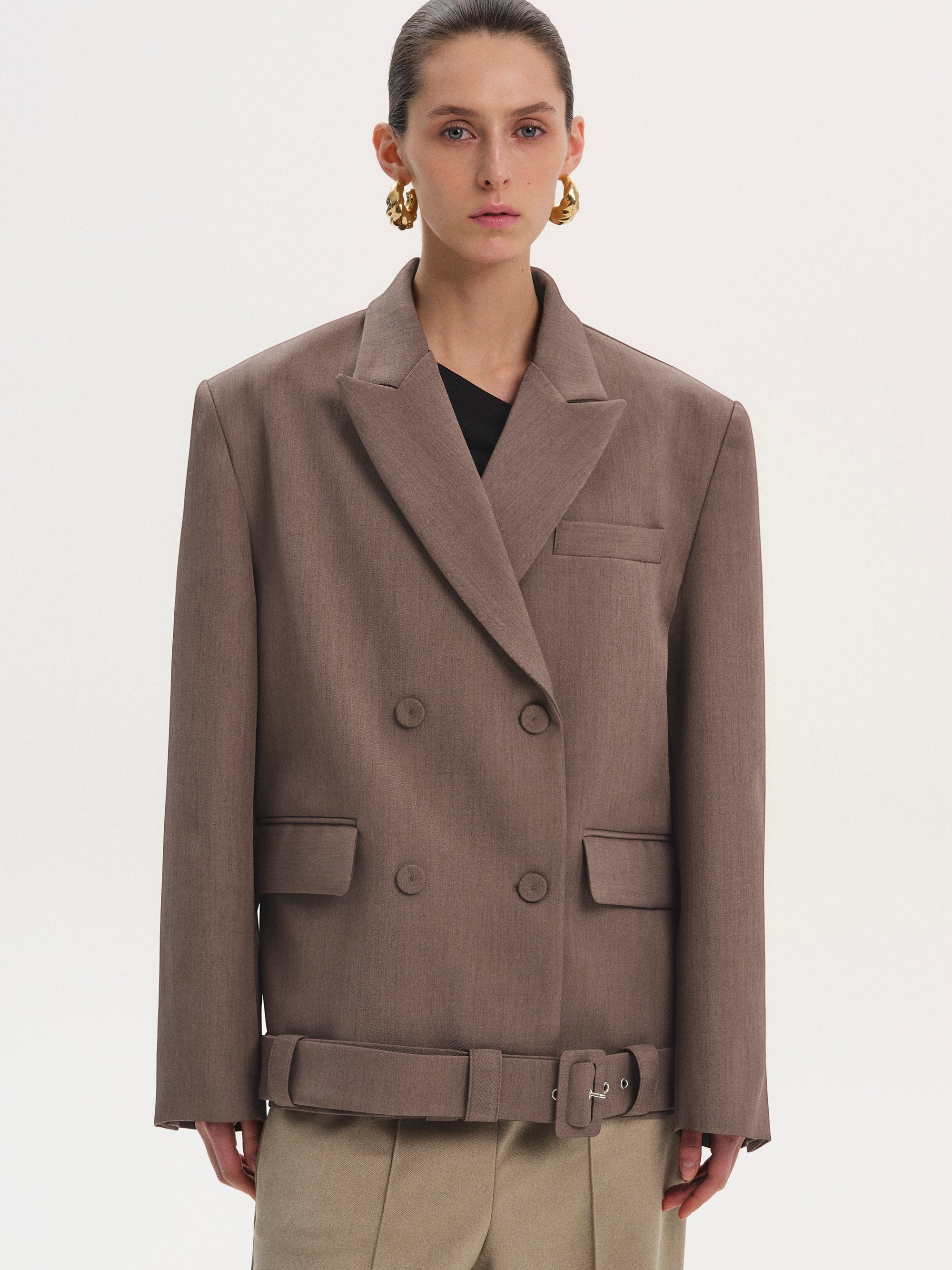 Belted Double Blazer, Plum