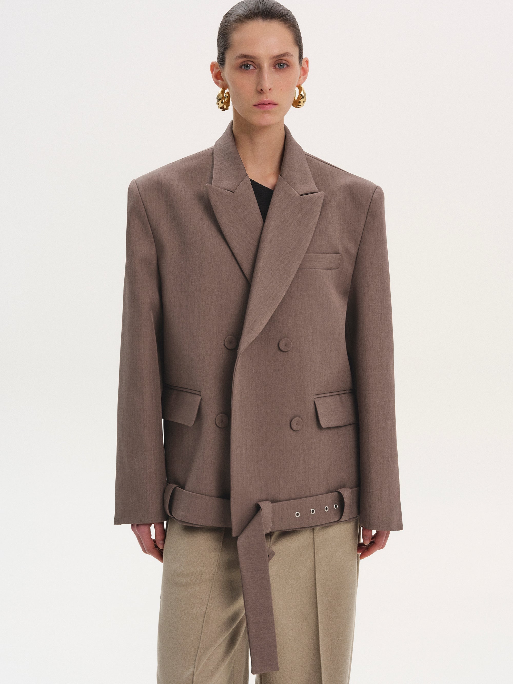 Belted Double Blazer, Plum