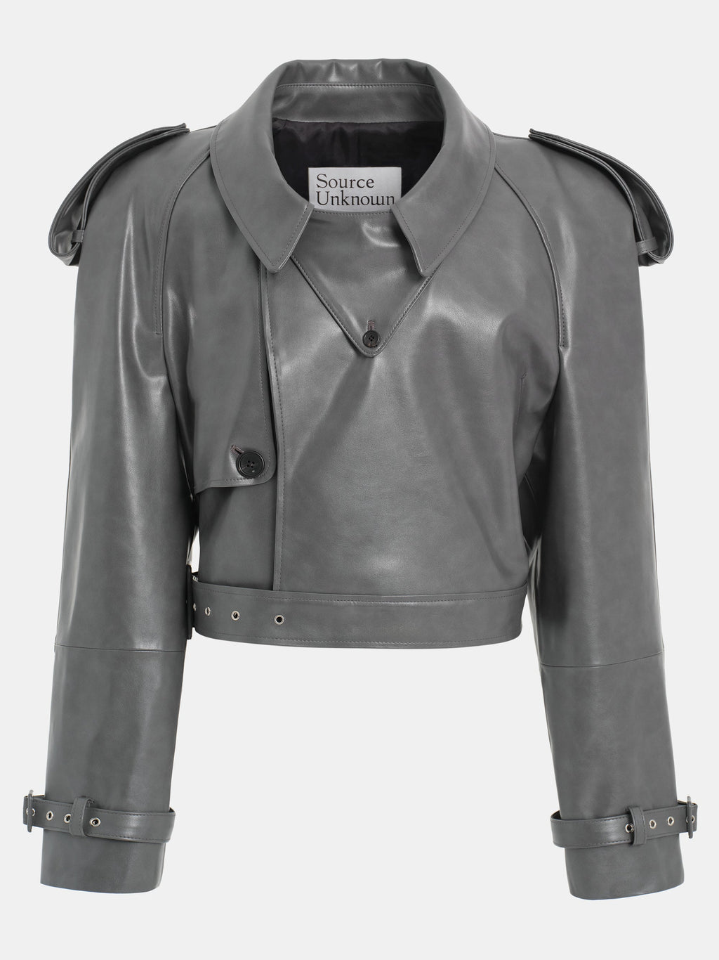 Buckled Faux-Leather Cropped Jacket, Grey