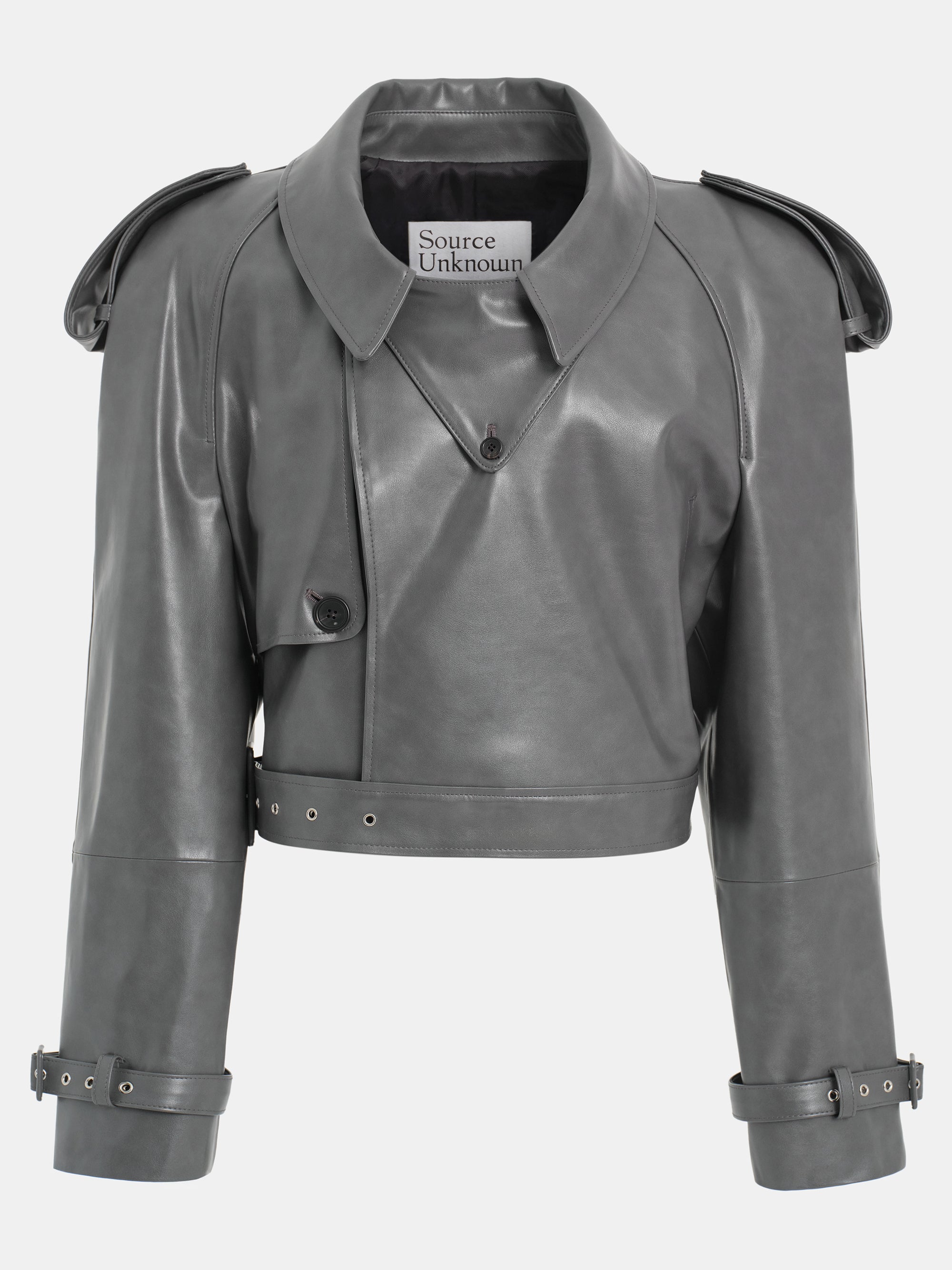 Buckled Faux-Leather Cropped Jacket, Grey