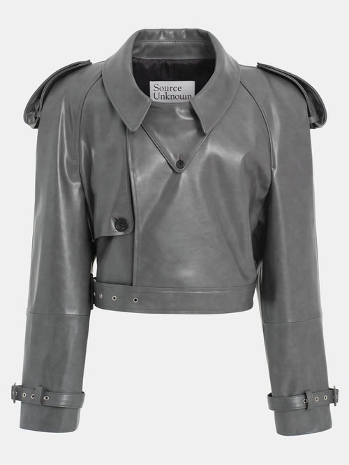 Buckled Faux-Leather Cropped Jacket, Grey