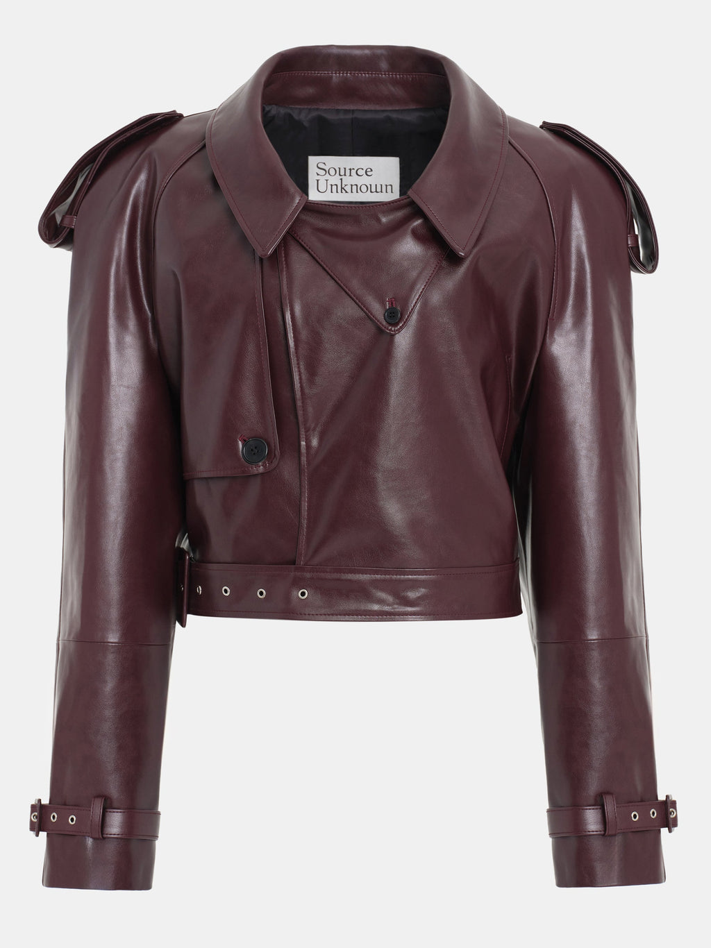 Buckled Faux-Leather Cropped Jacket, Burgundy
