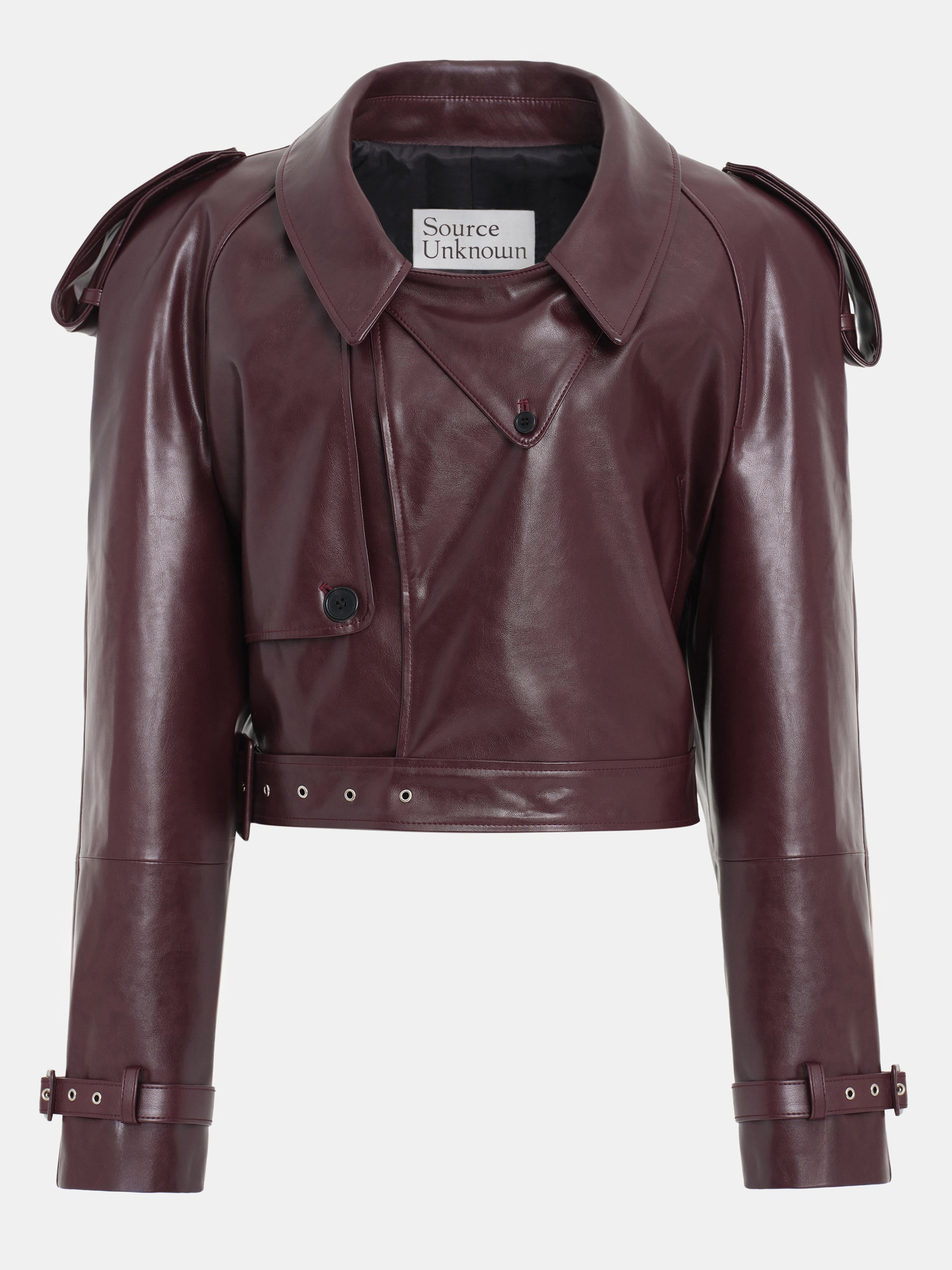 Buckled Faux-Leather Cropped Jacket, Burgundy