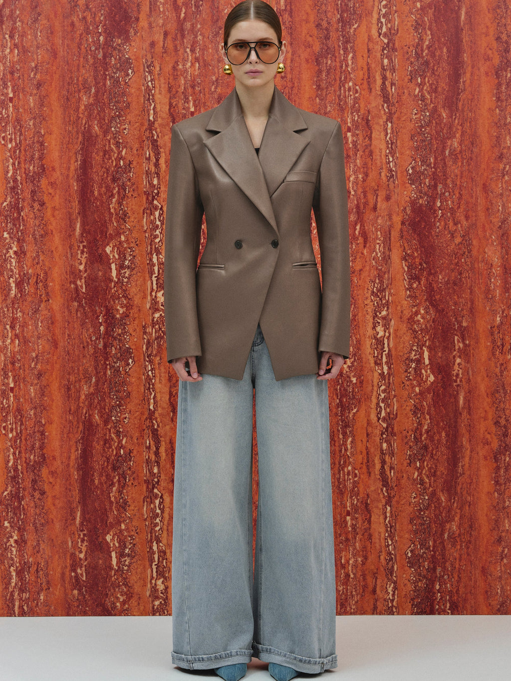 Faux-Leather Cinched Blazer, Mocha