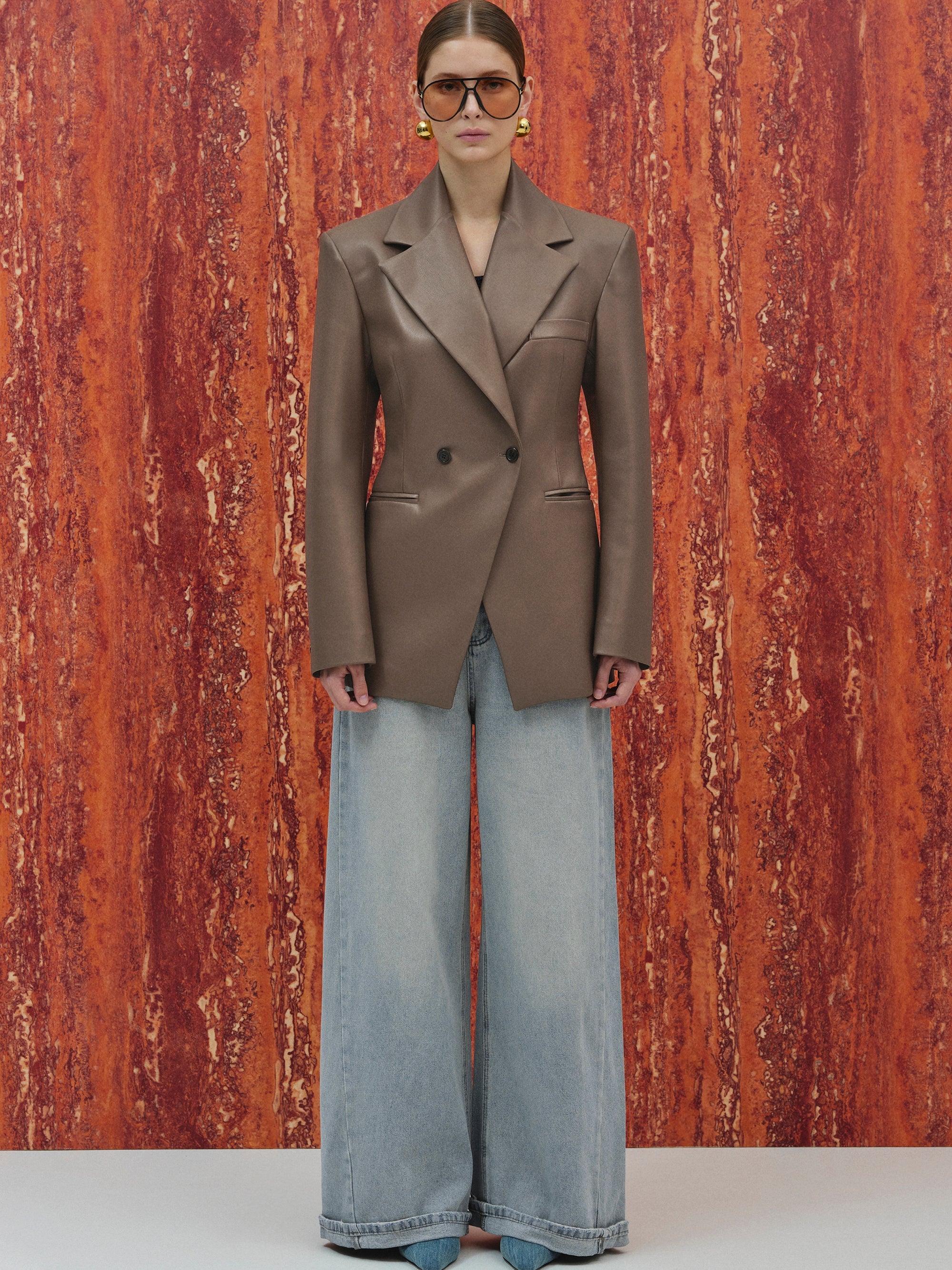 Faux-Leather Cinched Blazer, Mocha