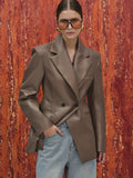 Faux-Leather Cinched Blazer, Mocha