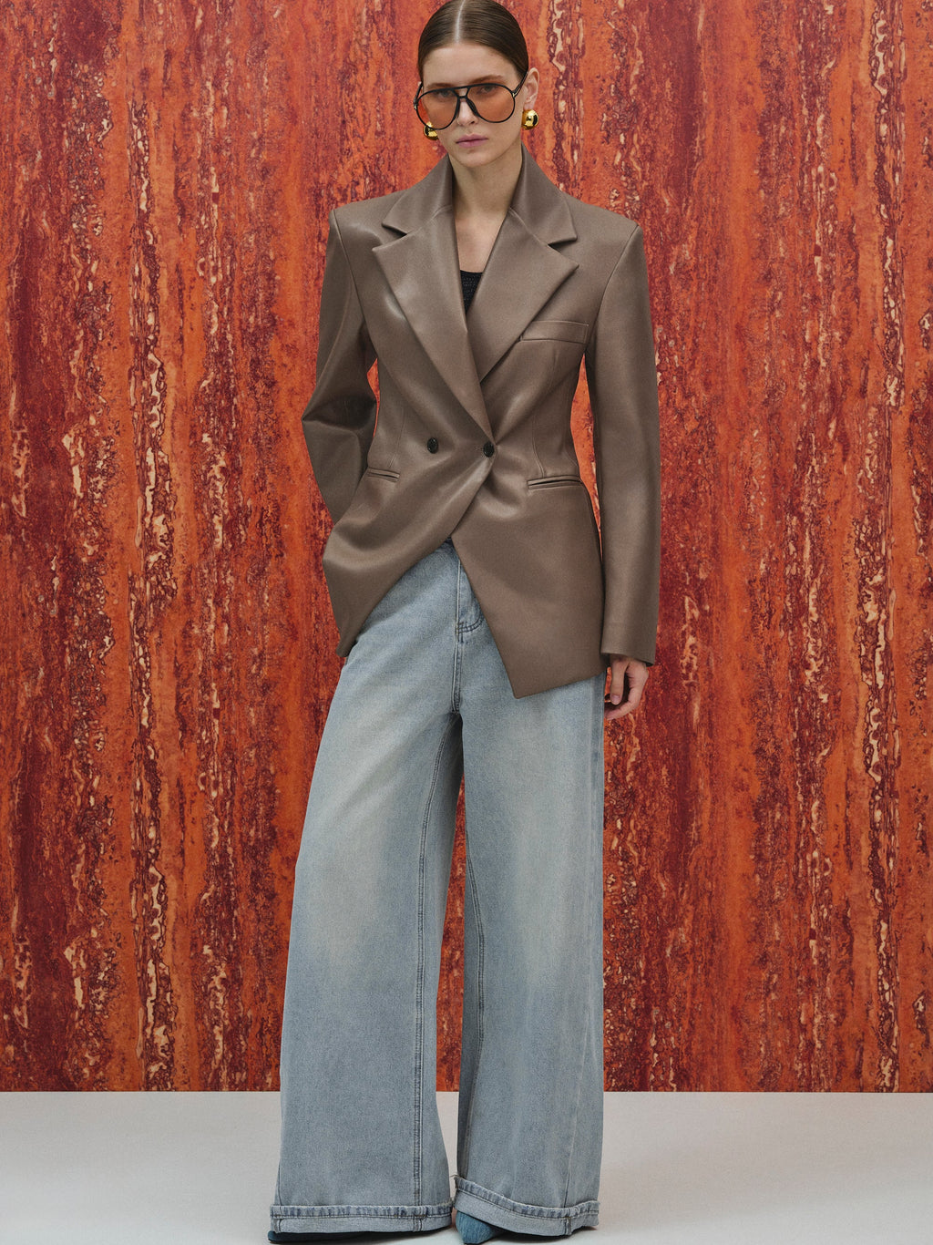 Faux-Leather Cinched Blazer, Mocha