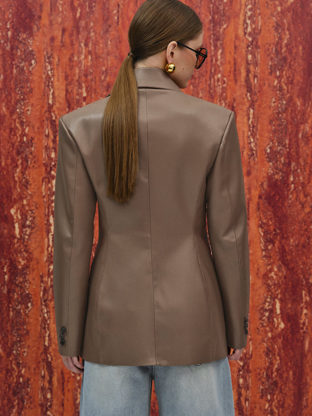 Faux-Leather Cinched Blazer, Mocha