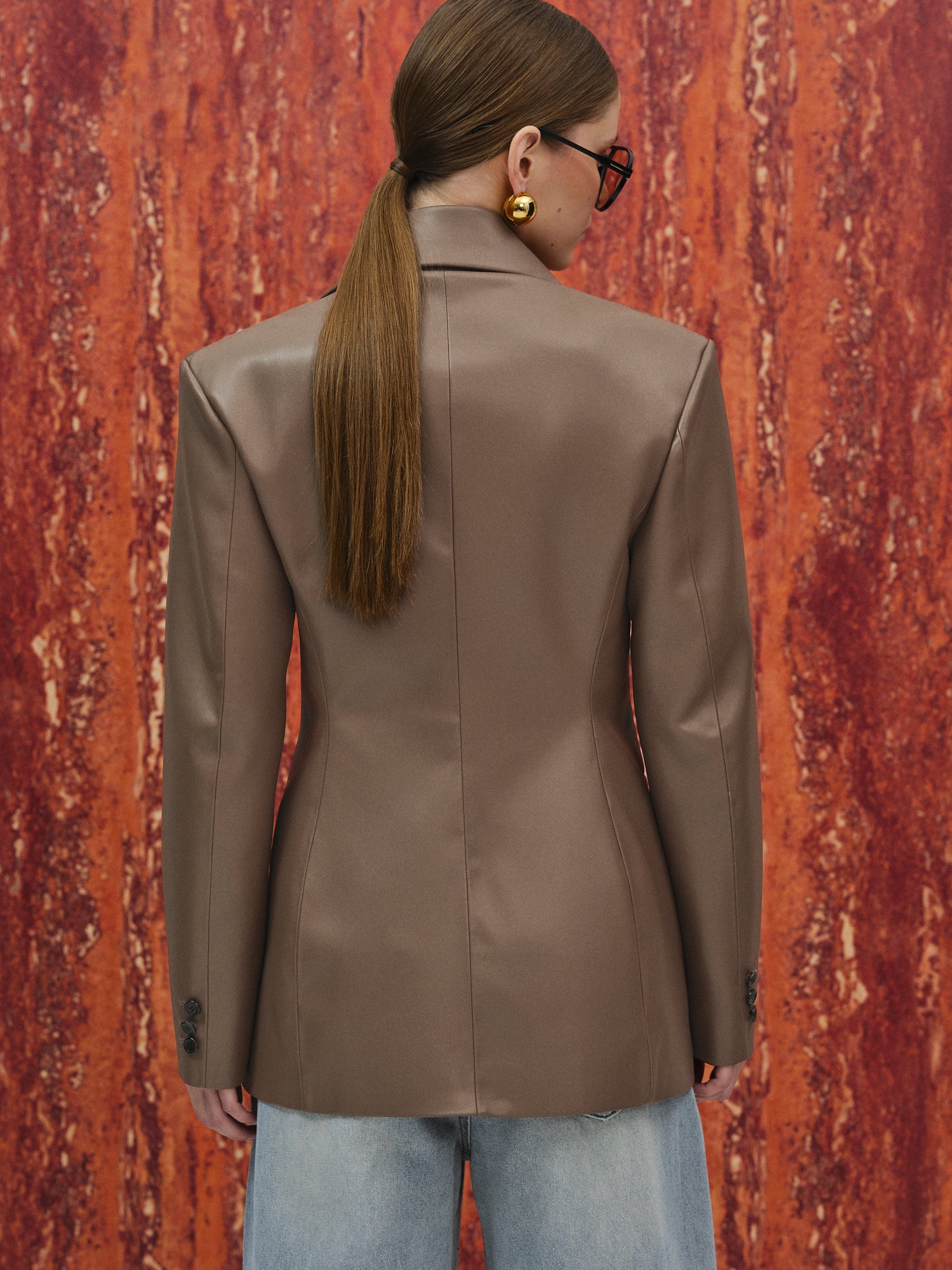 Faux-Leather Cinched Blazer, Mocha