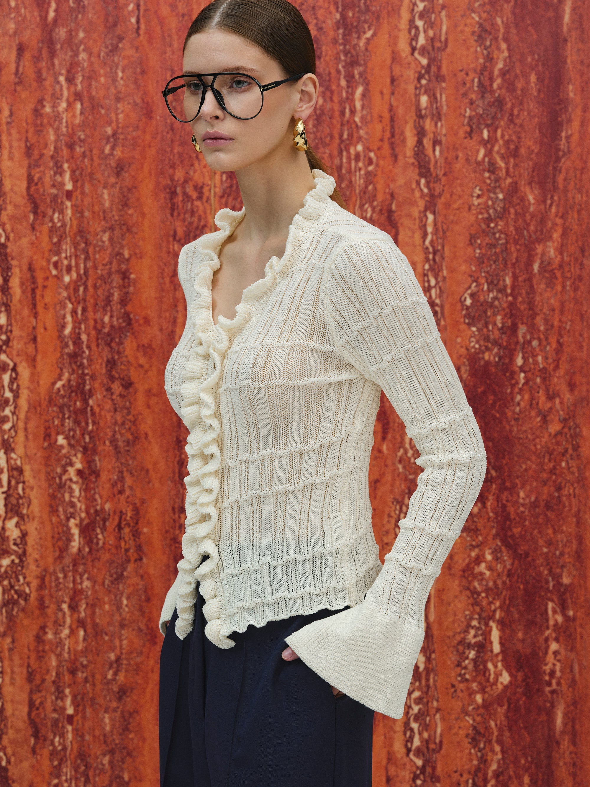 Frilled Knit Cardigan, Ivory