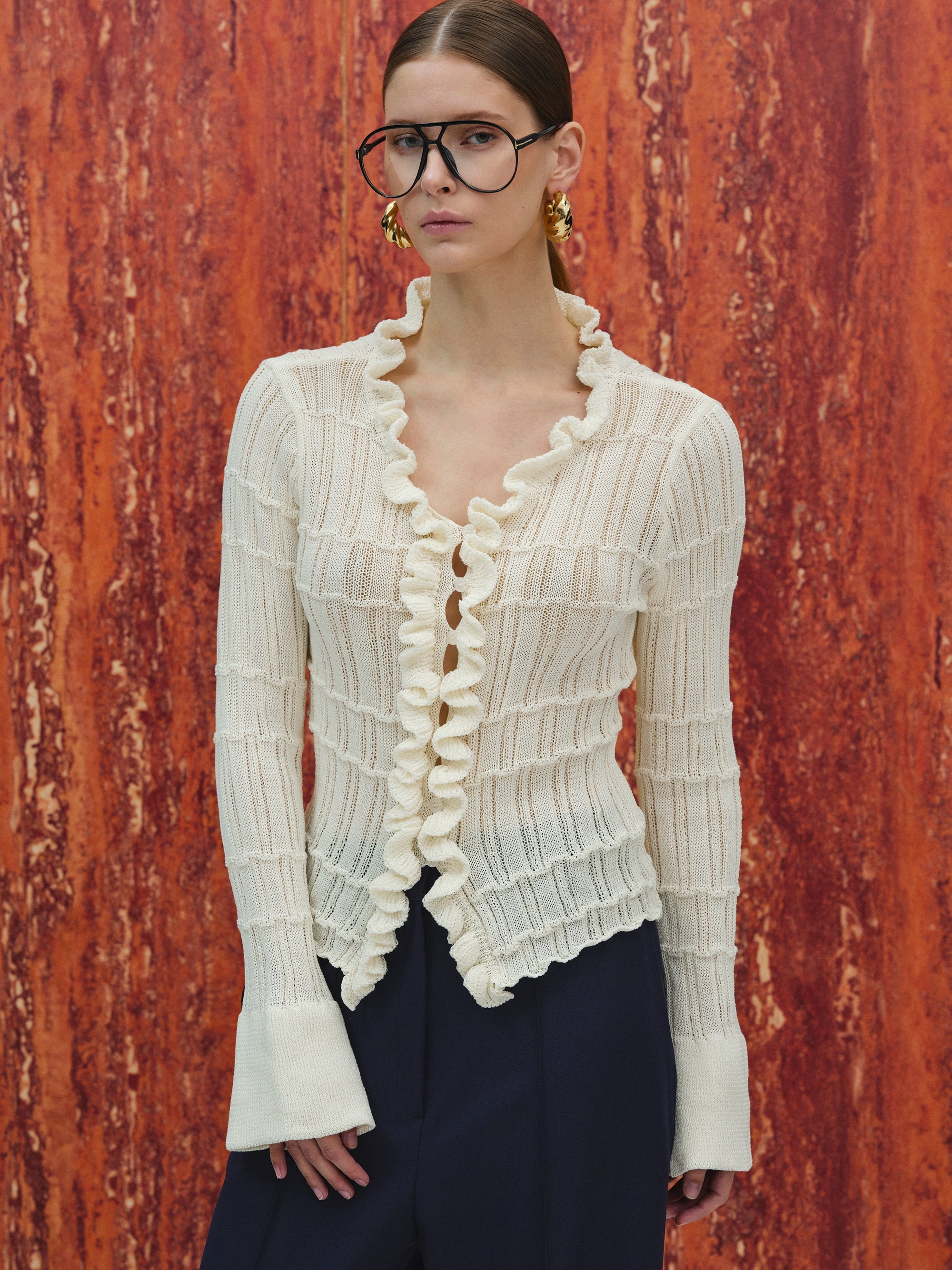 Frilled Knit Cardigan, Ivory