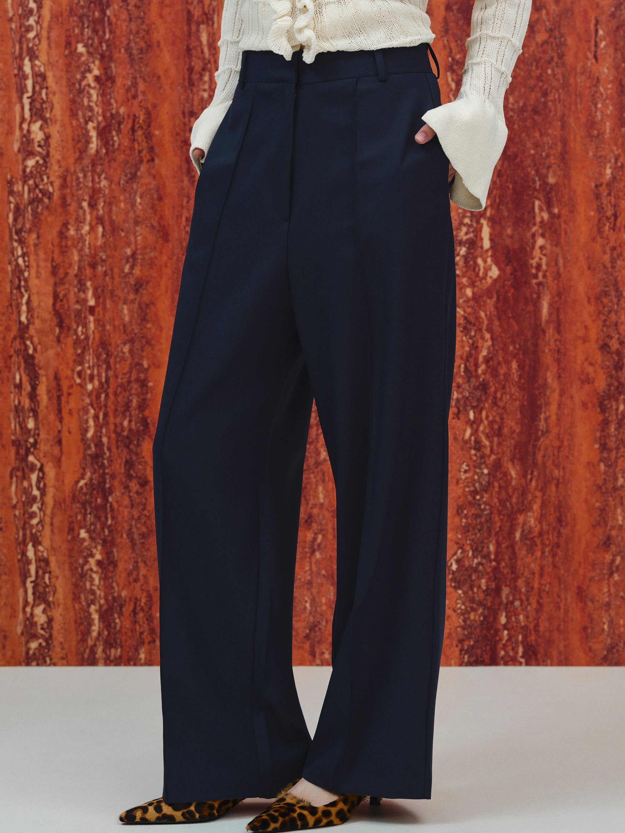 Creased Straight Trousers, Navy