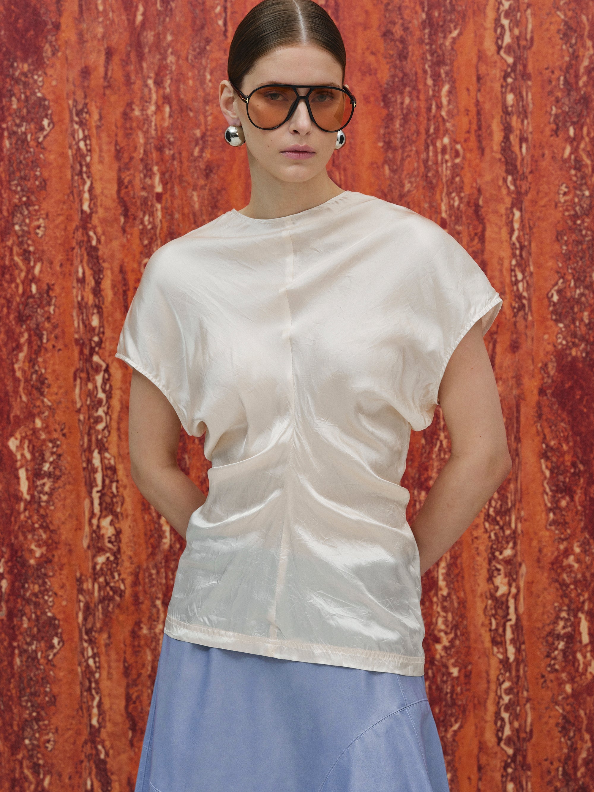 Slouch Waist Satin Top, Ecru
