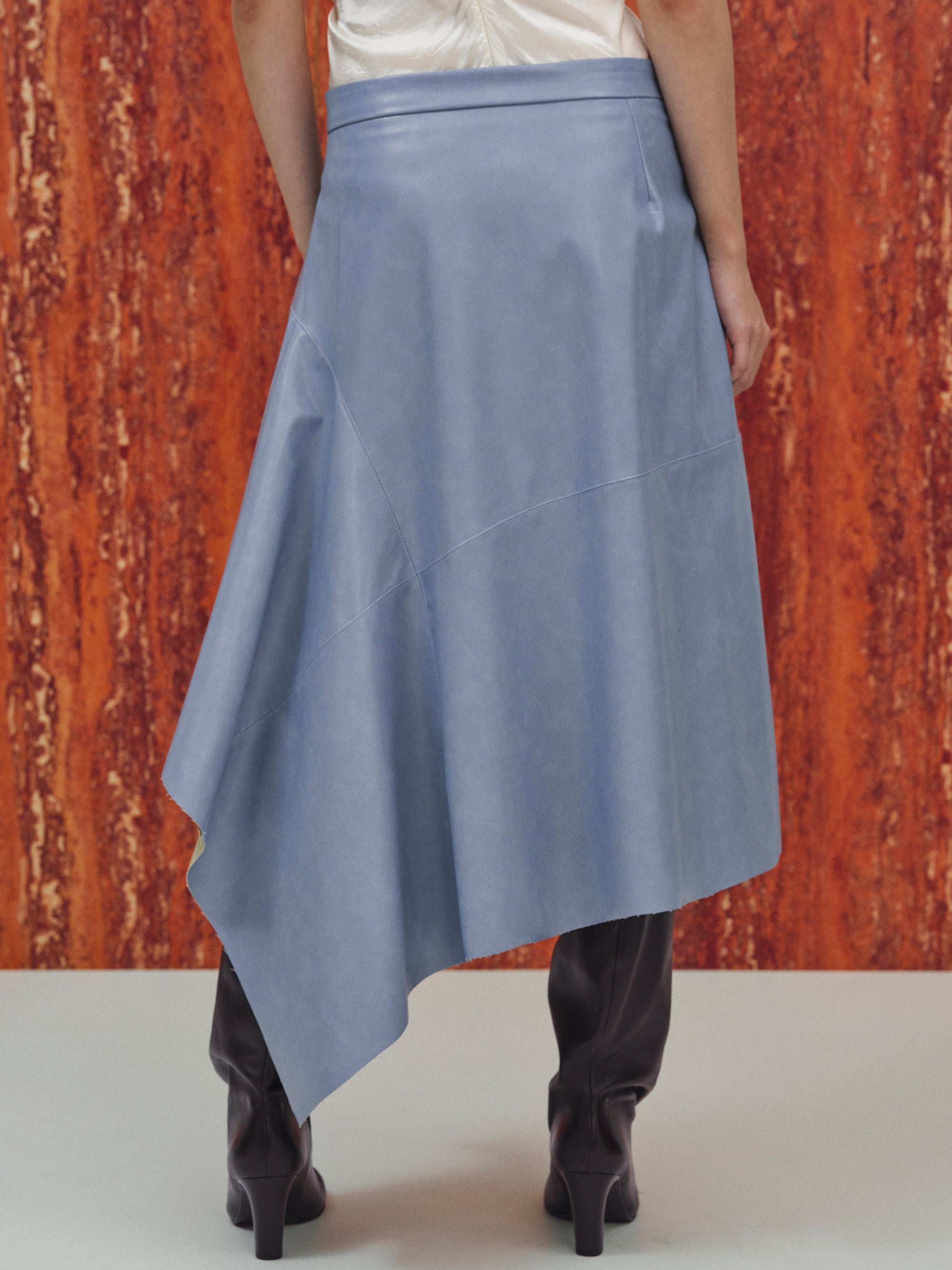 Asymmetrical Drape Faux-Leather Skirt, Cerulean