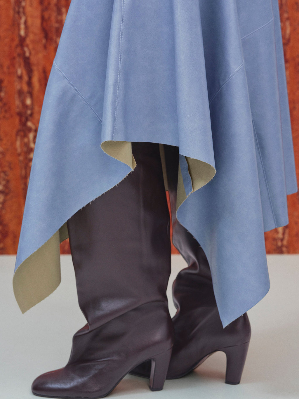 Asymmetrical Drape Faux-Leather Skirt, Cerulean