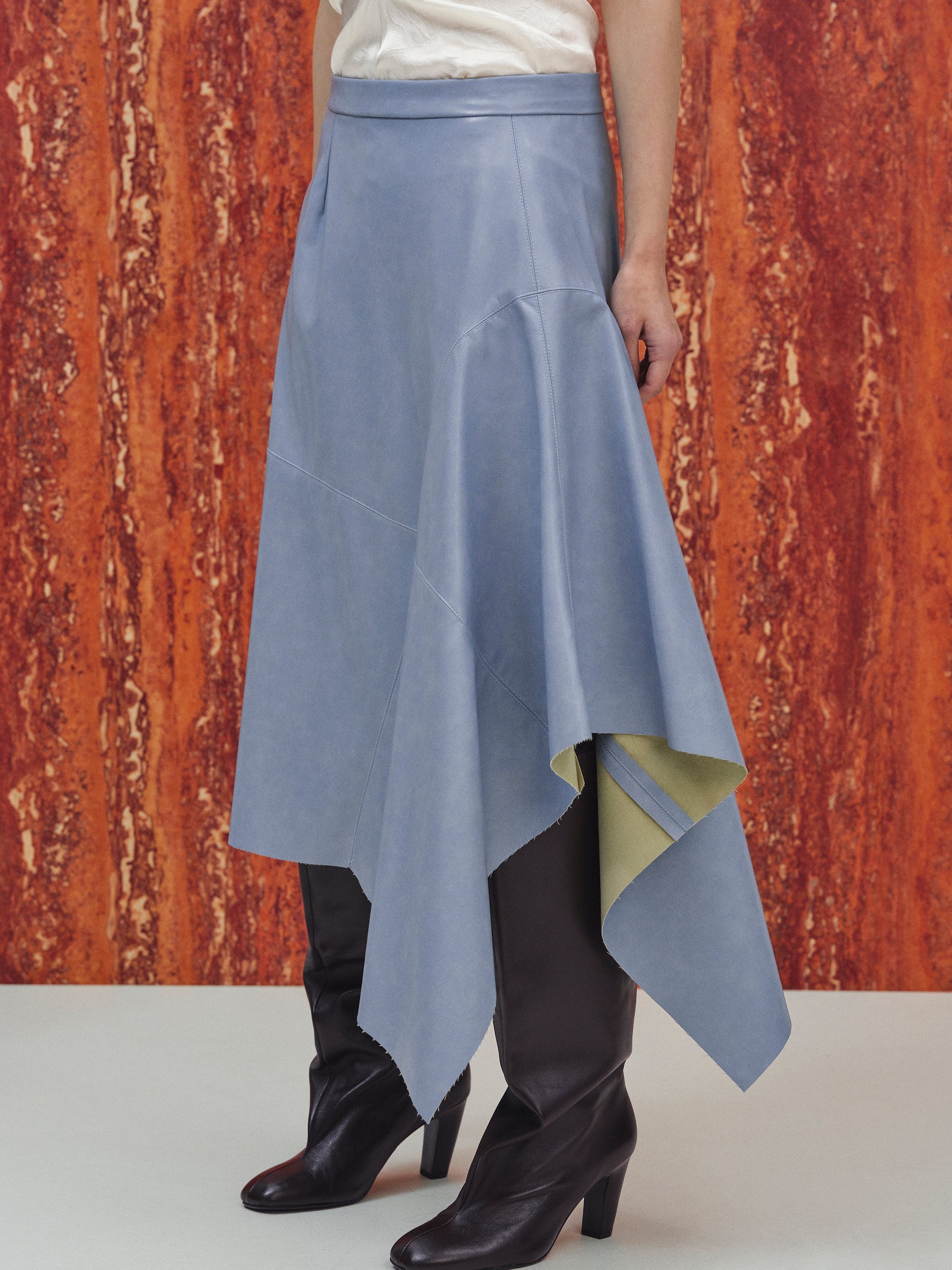 Asymmetrical Drape Faux-Leather Skirt, Cerulean