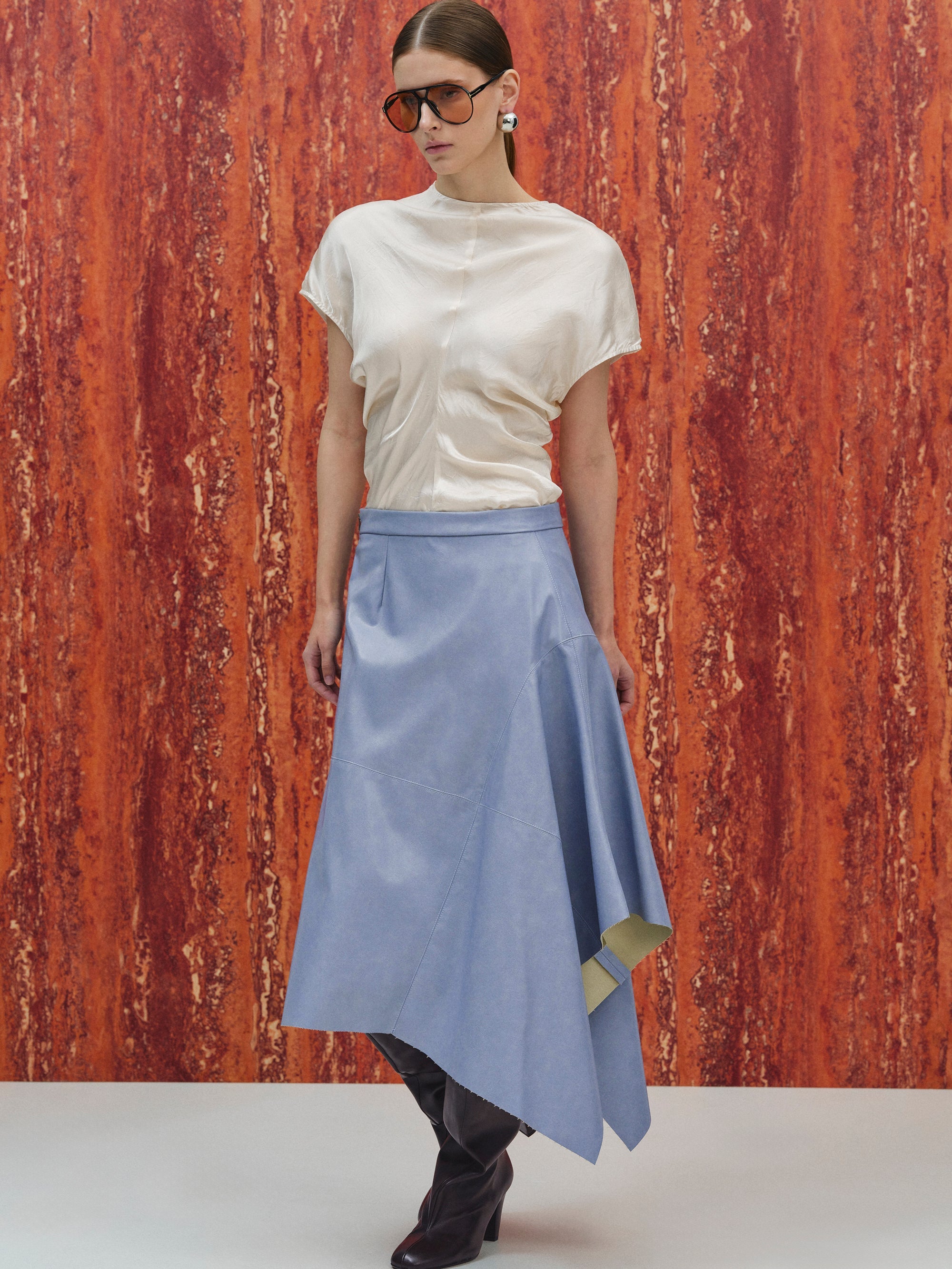 Asymmetrical Drape Faux-Leather Skirt, Cerulean