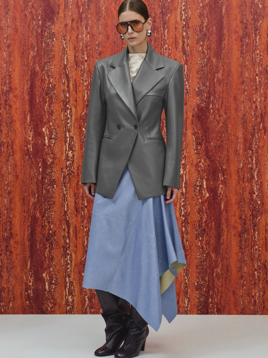 Faux-Leather Cinched Blazer, Grey