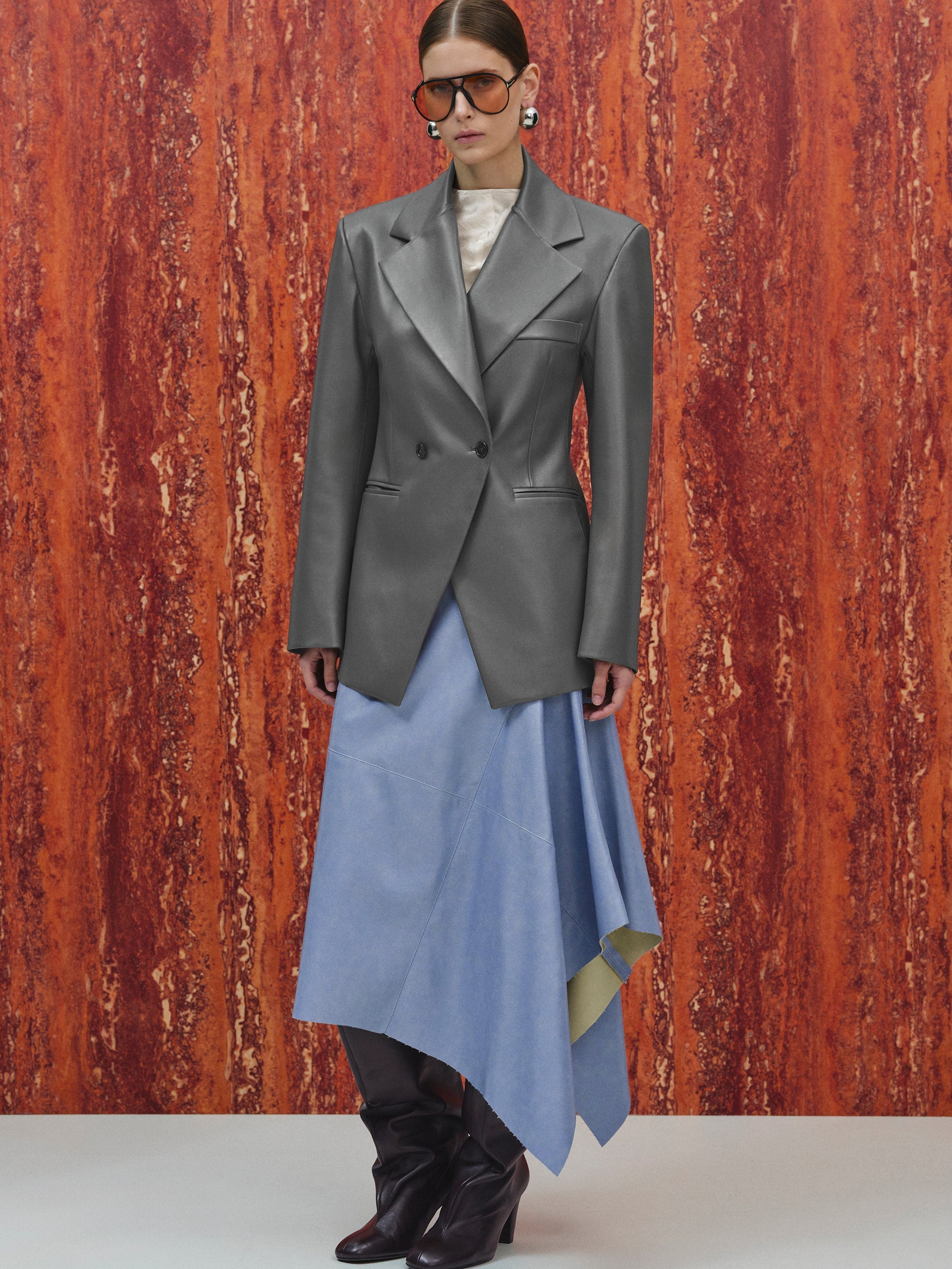 Faux-Leather Cinched Blazer, Grey