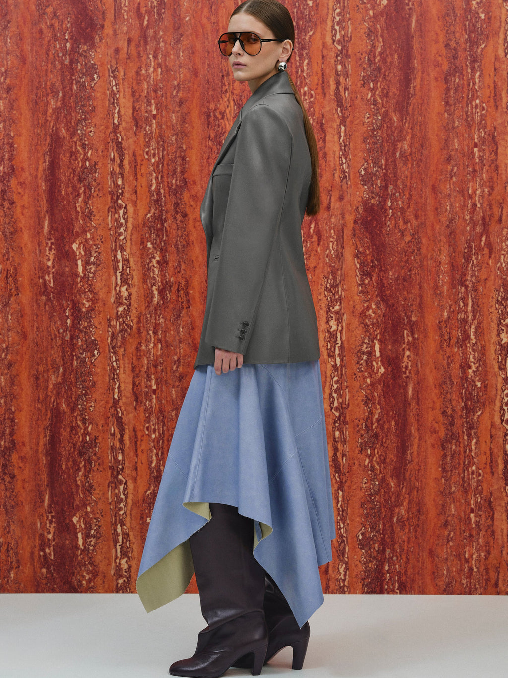 Faux-Leather Cinched Blazer, Grey