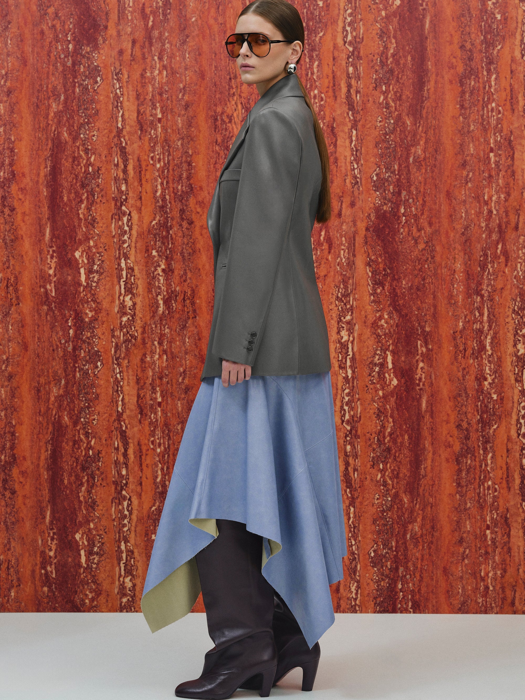 Faux-Leather Cinched Blazer, Grey