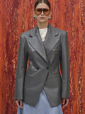 Faux-Leather Cinched Blazer, Grey