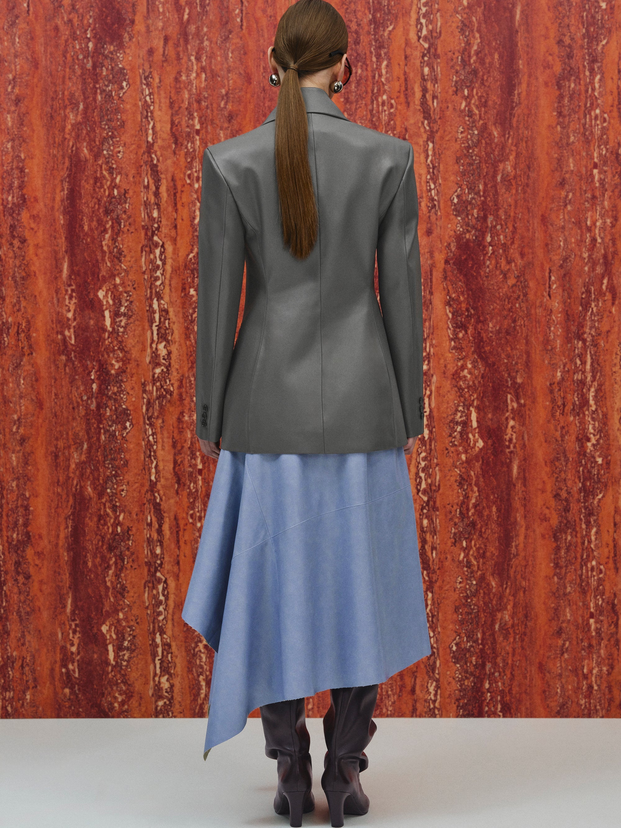 Faux-Leather Cinched Blazer, Grey