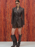 Faux-Leather Cinched Blazer, Chocolate