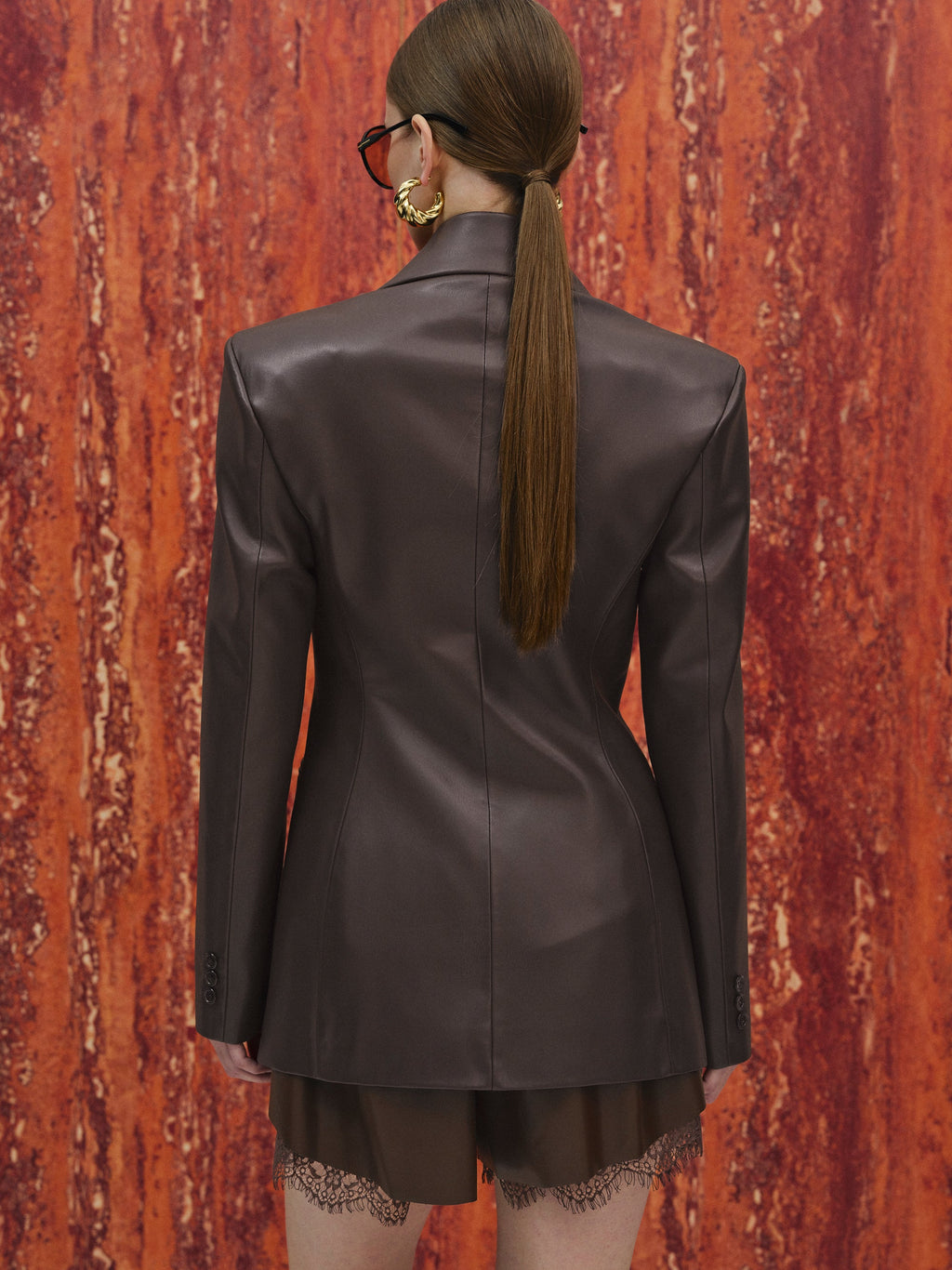Faux-Leather Cinched Blazer, Chocolate