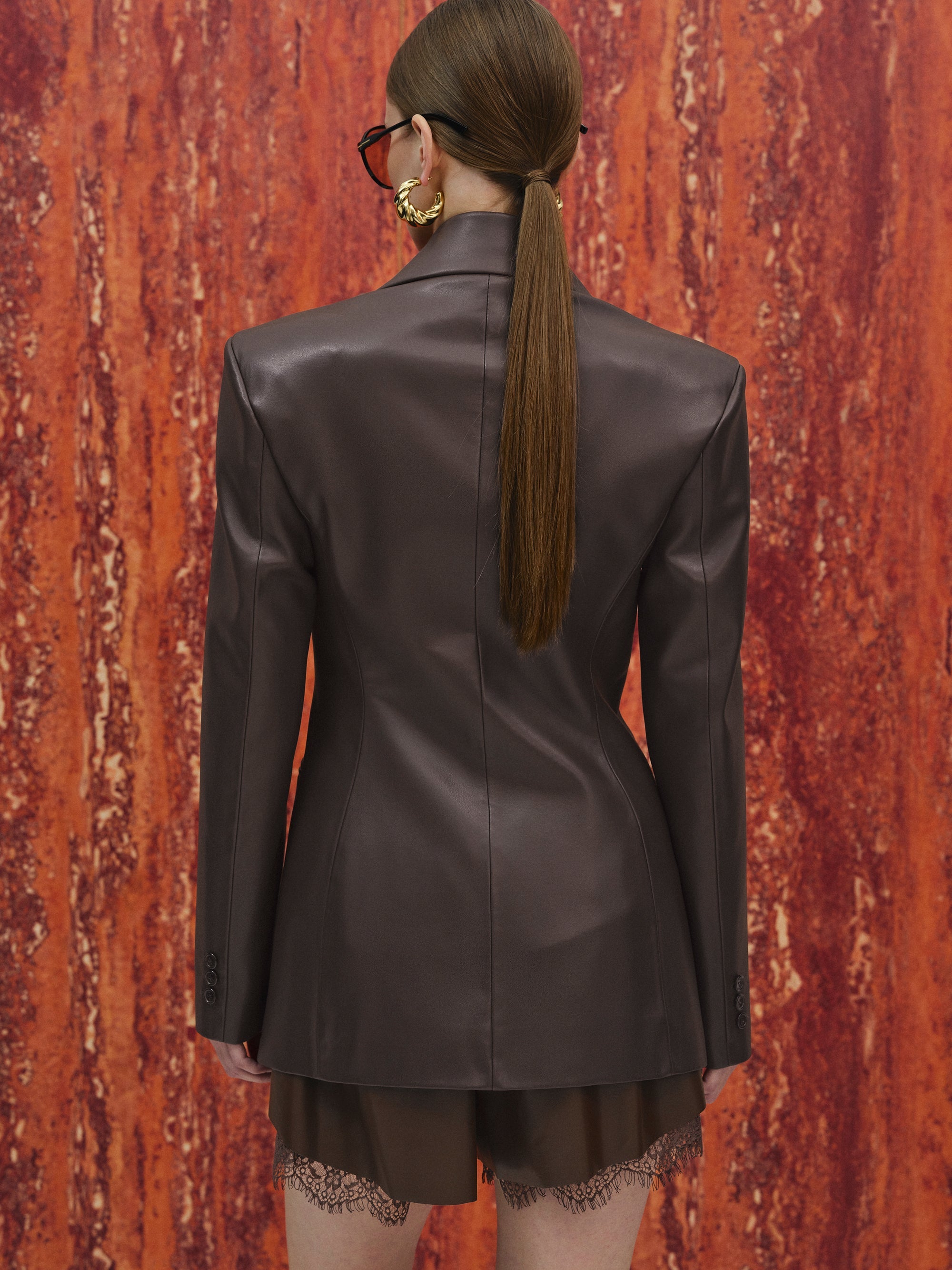Faux-Leather Cinched Blazer, Chocolate