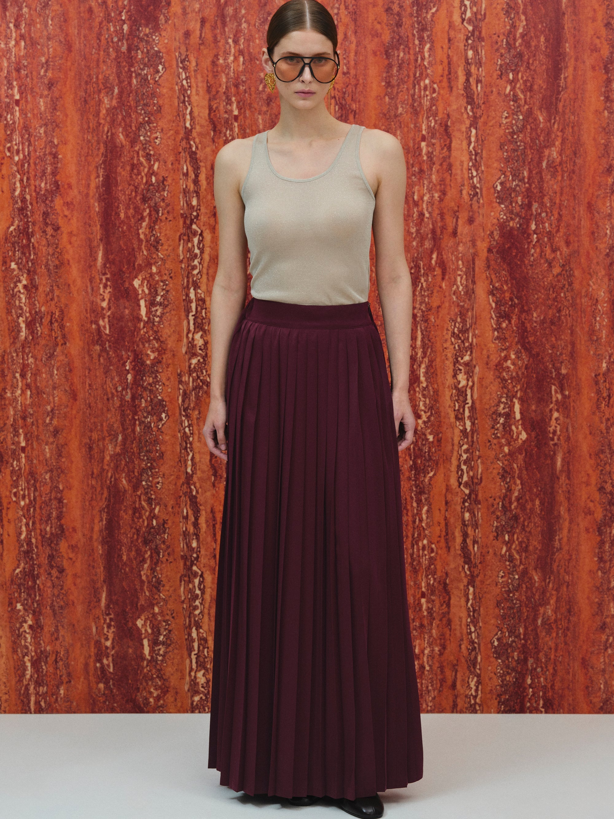 Pleated Maxi Skirt, Burgundy