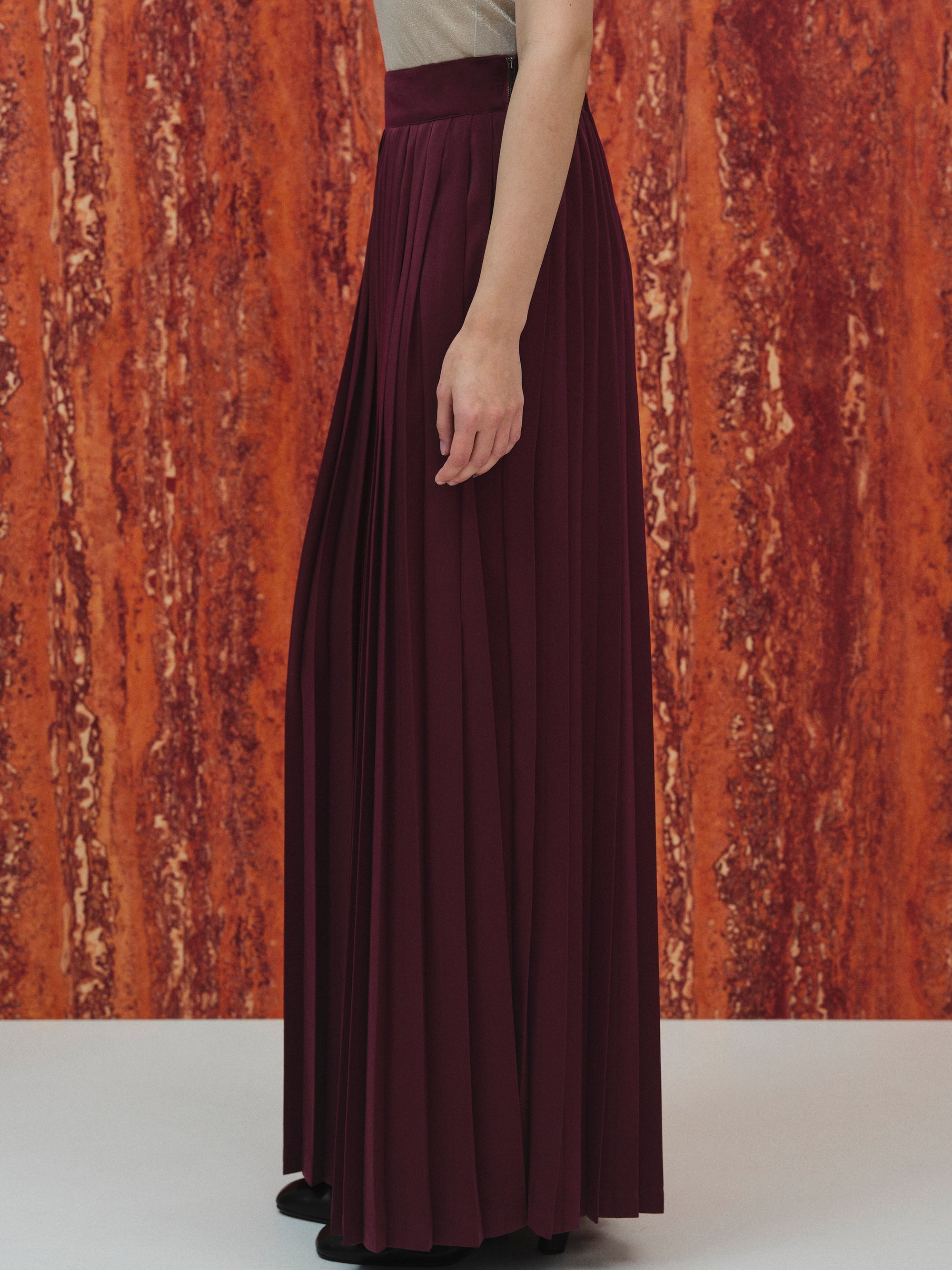 Pleated Maxi Skirt, Burgundy
