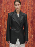 Faux-Leather Cinched Blazer, Black