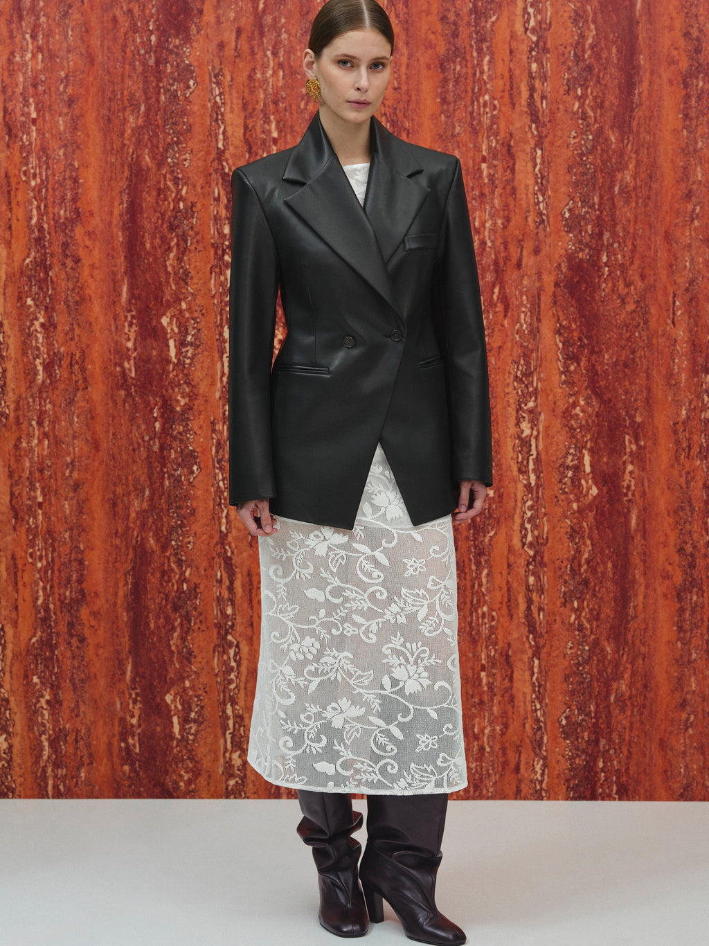 Faux-Leather Cinched Blazer, Black