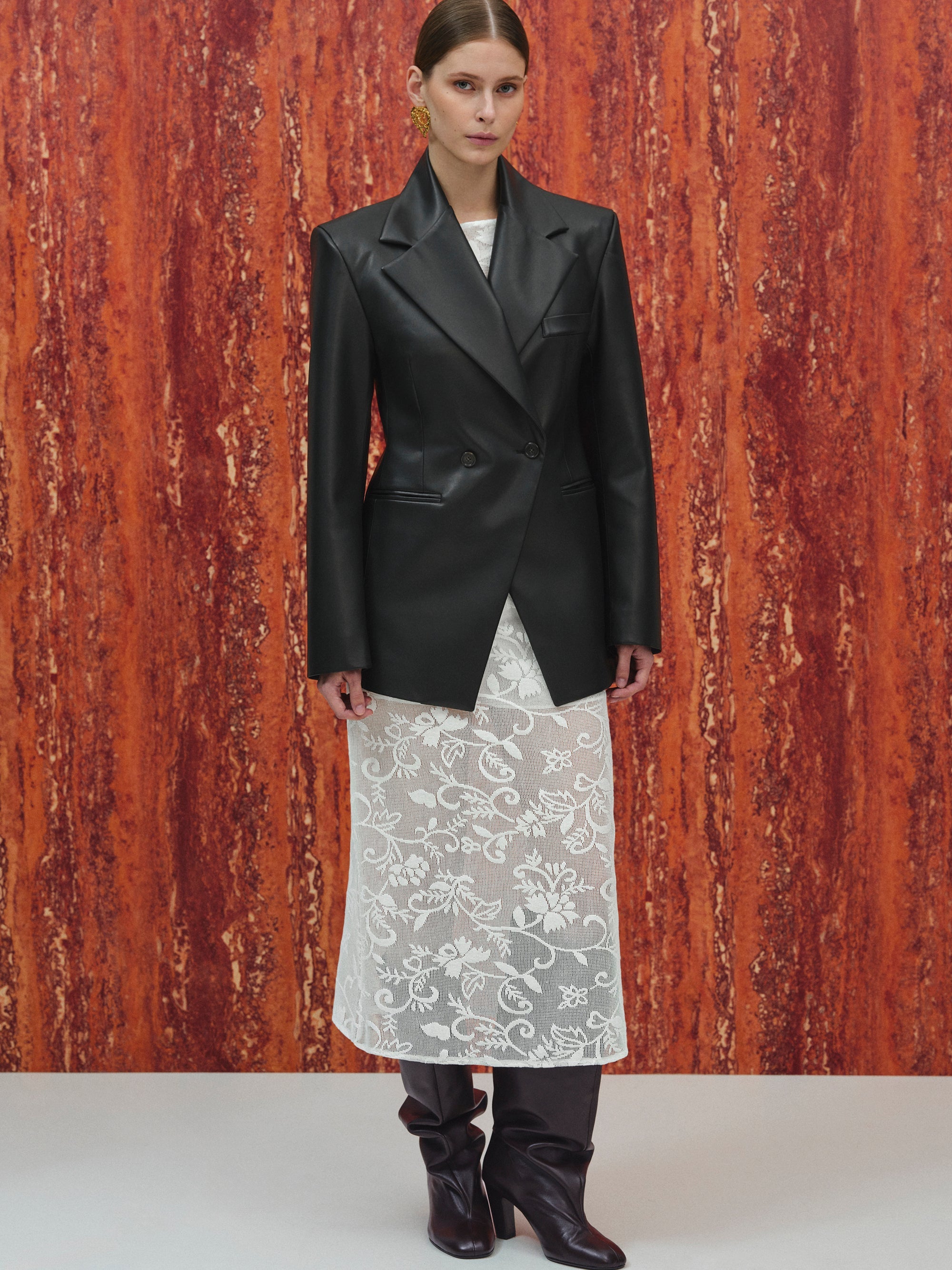 Faux-Leather Cinched Blazer, Black
