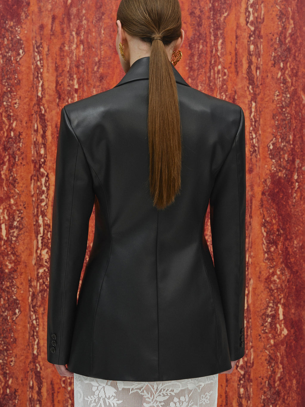 Faux-Leather Cinched Blazer, Black