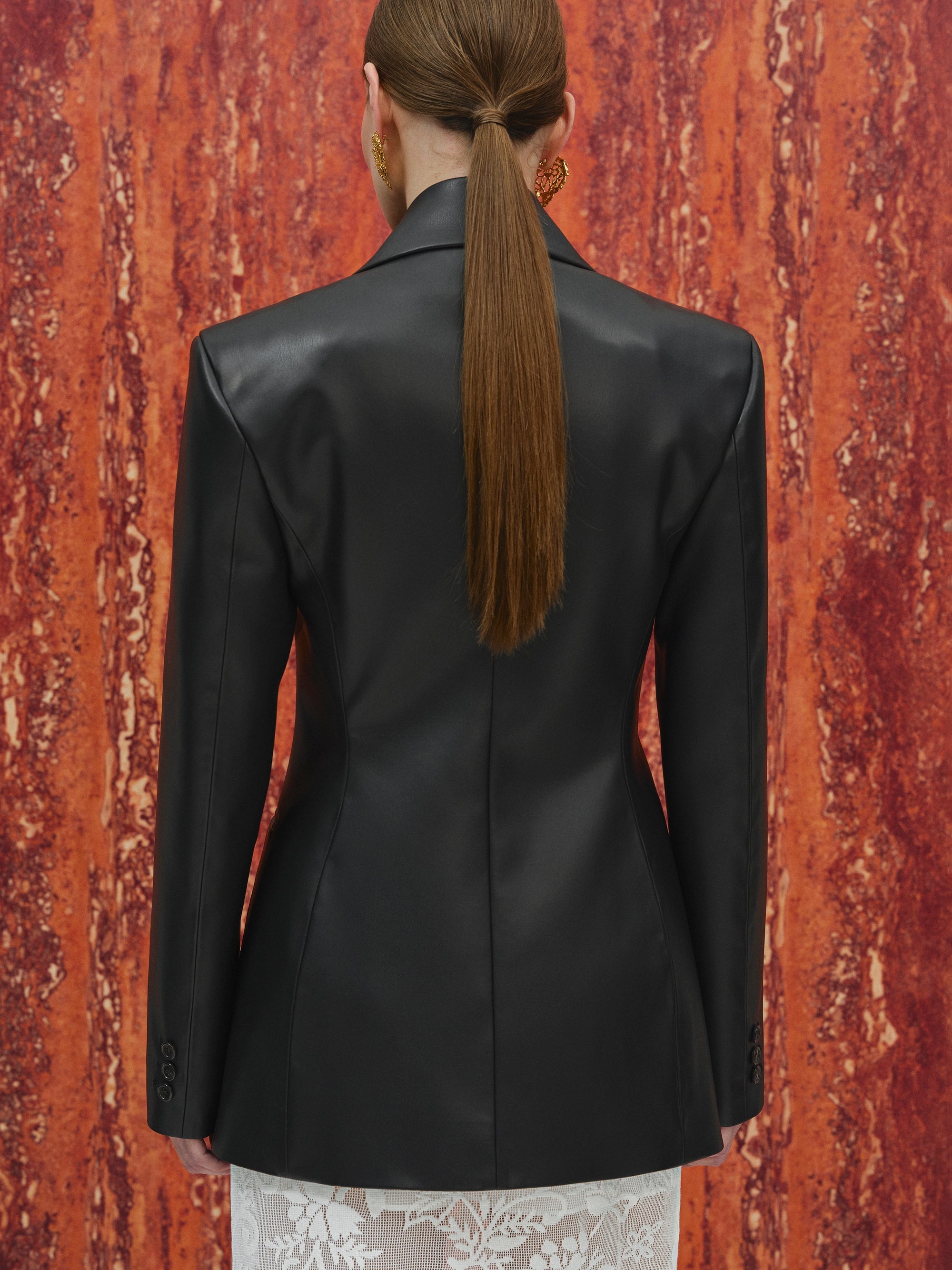 Faux-Leather Cinched Blazer, Black