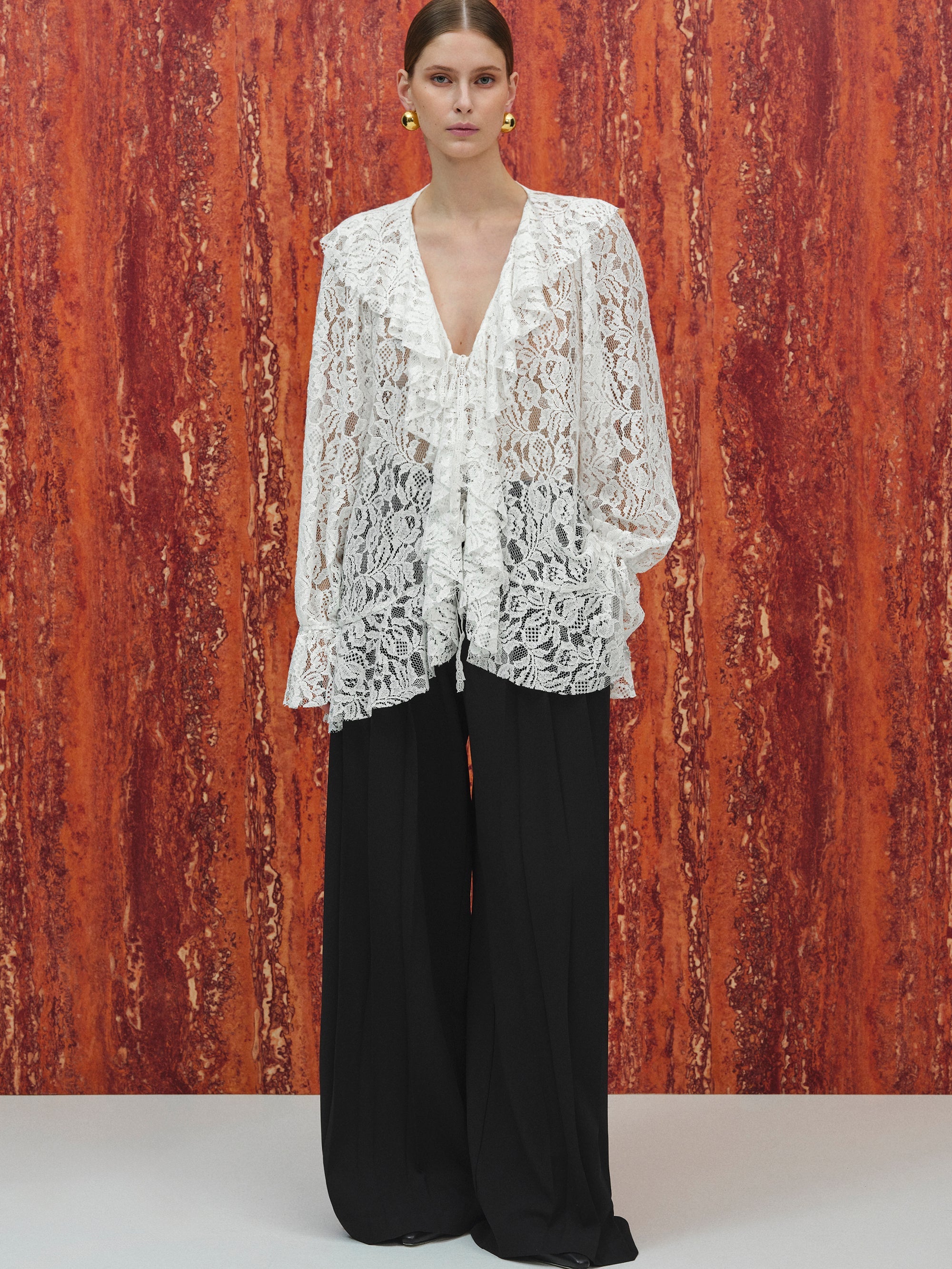 V-Neck Lace Flounce Blouse, White