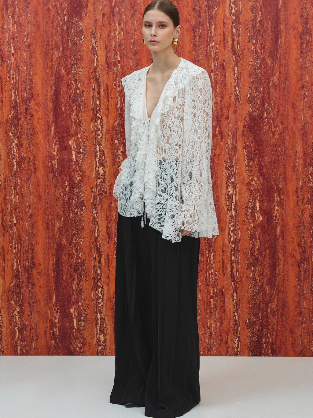 V-Neck Lace Flounce Blouse, White