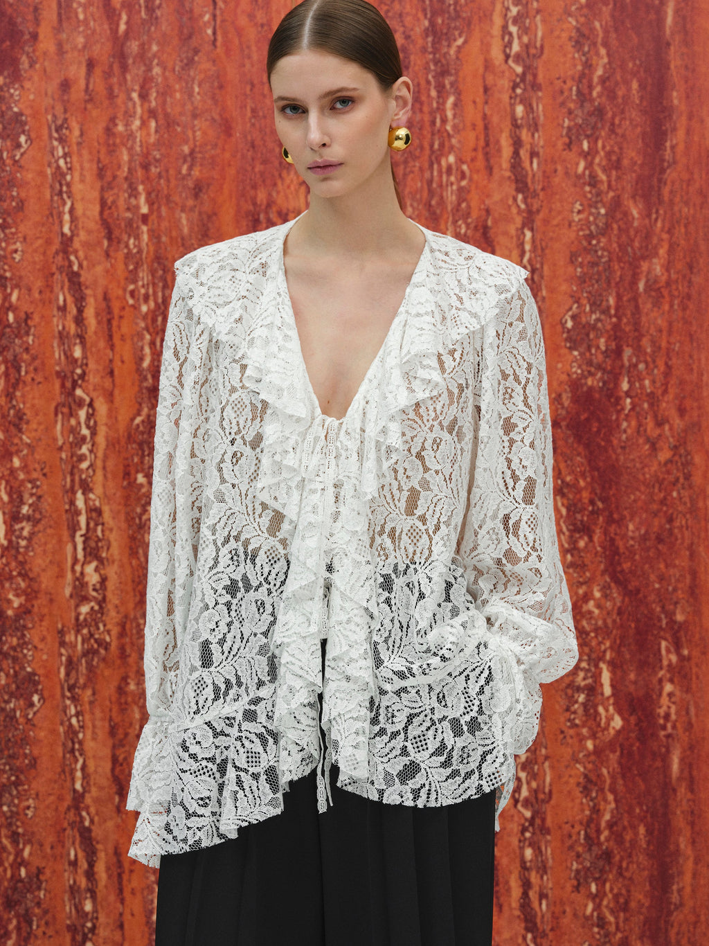 V-Neck Lace Flounce Blouse, White
