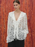 V-Neck Lace Flounce Blouse, White